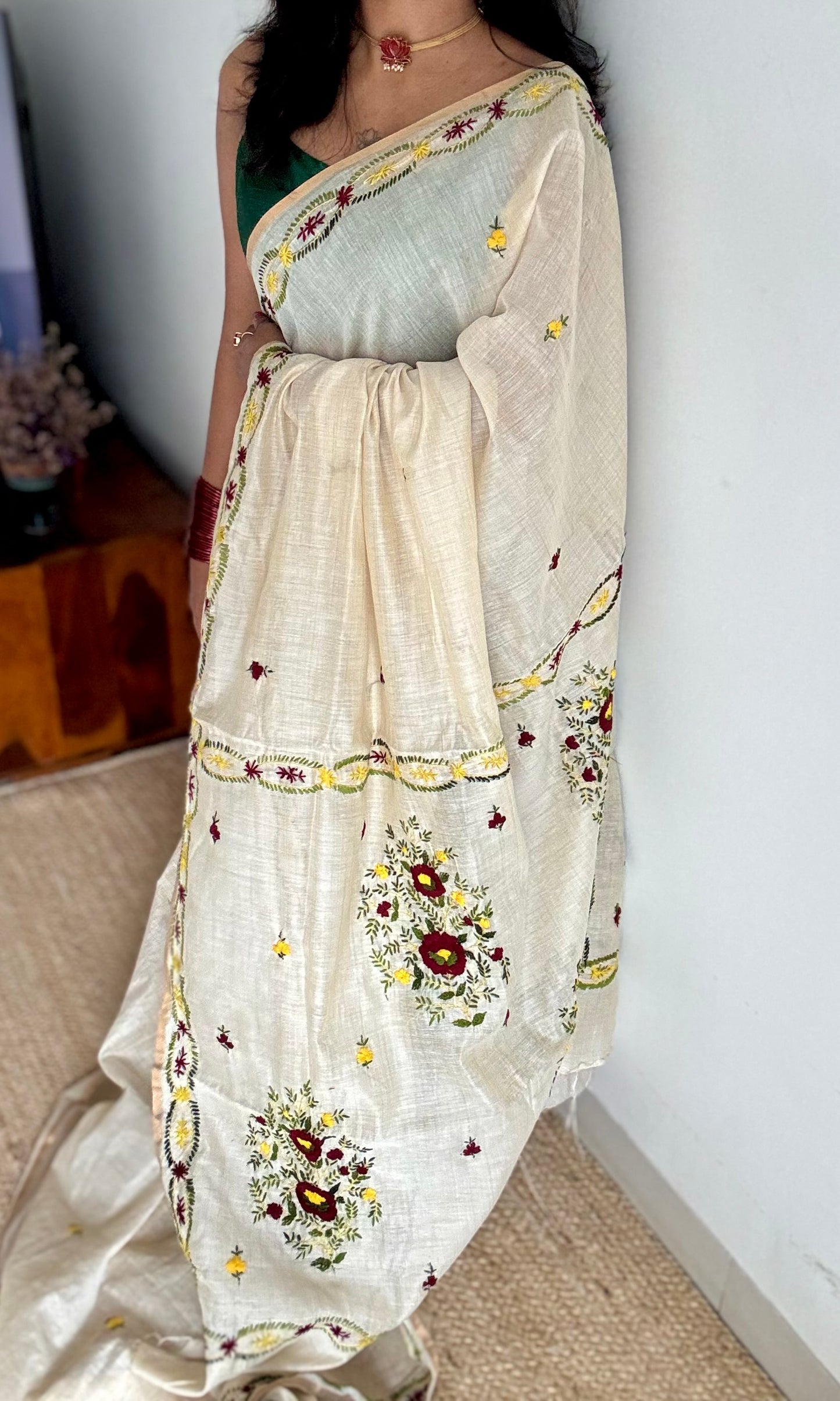 Ivory maheshwari cotton silk blend with deep maroon and light yellow floral kantha threadwork - YCBLJULMK06
