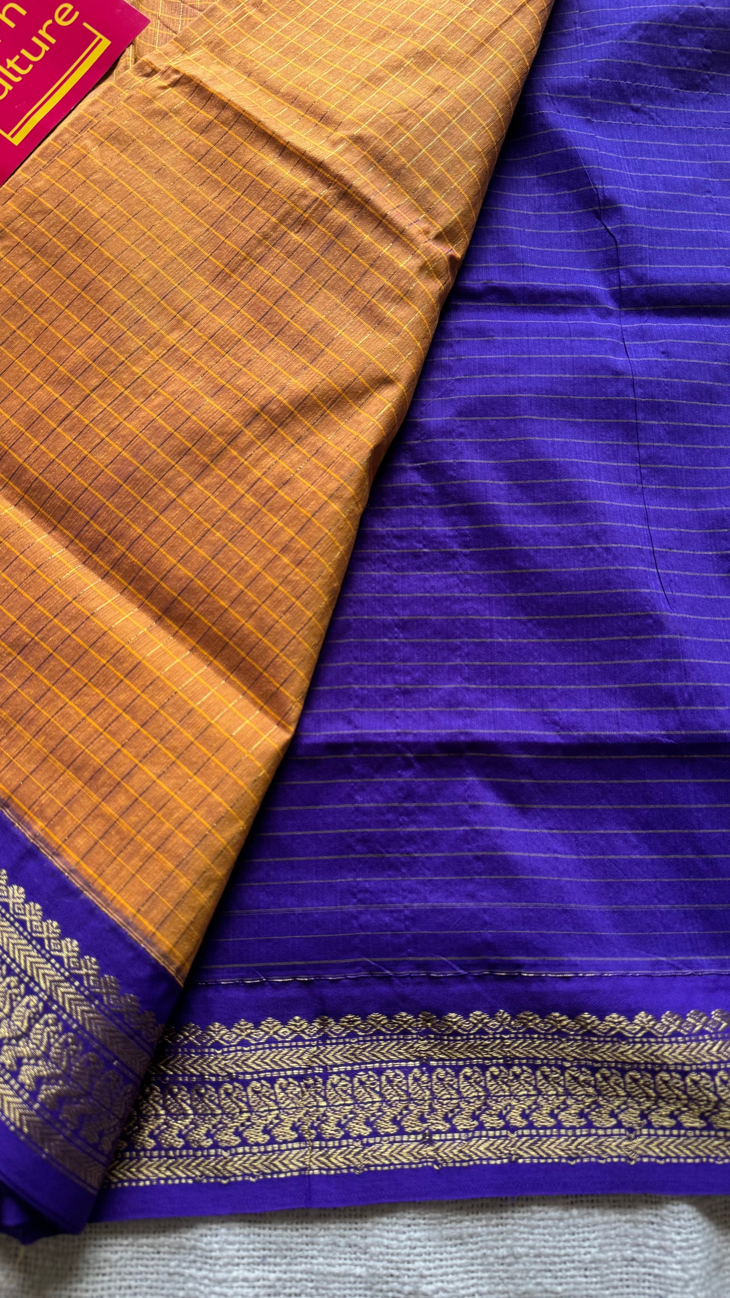 Yellowish orange with purple, checks - cotton silk - YCCOTNOCKC39