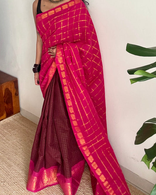Hot pink and maroon, sungudi cotton half-half saree - YCCOTNIDOC24