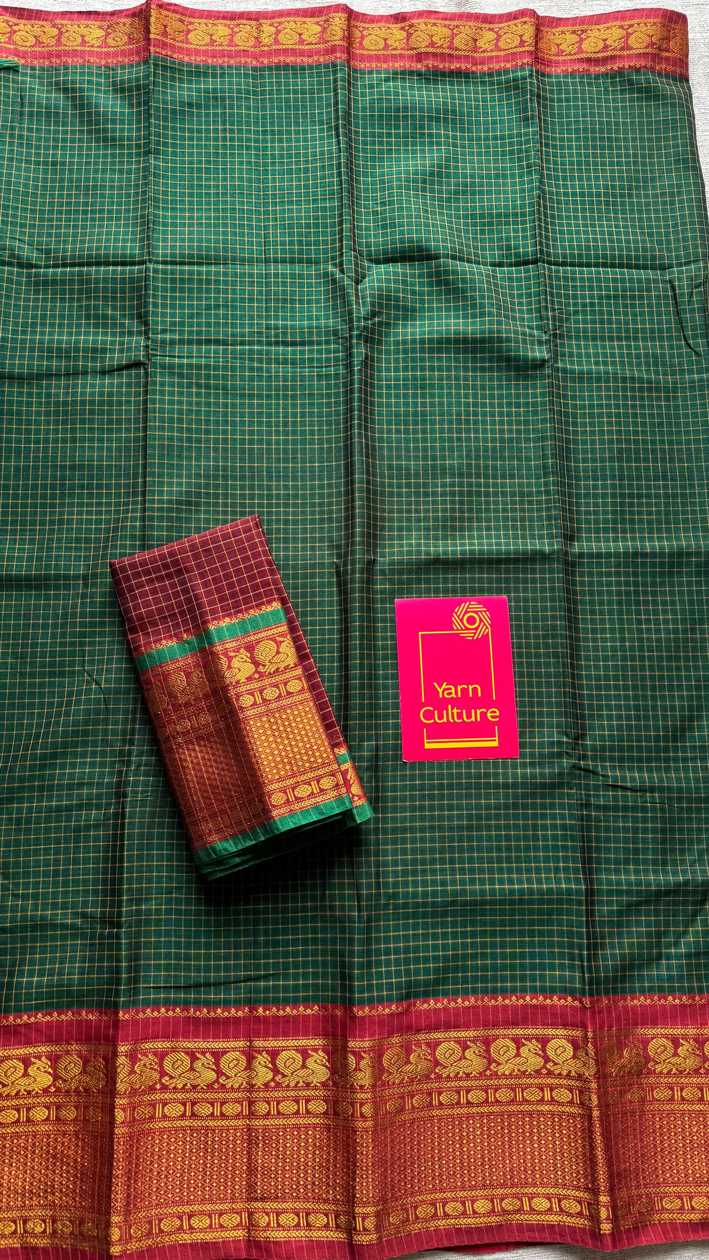 Dark green checks with zari border, premium narayanpet, soft cotton - YCWOTDFEBB12