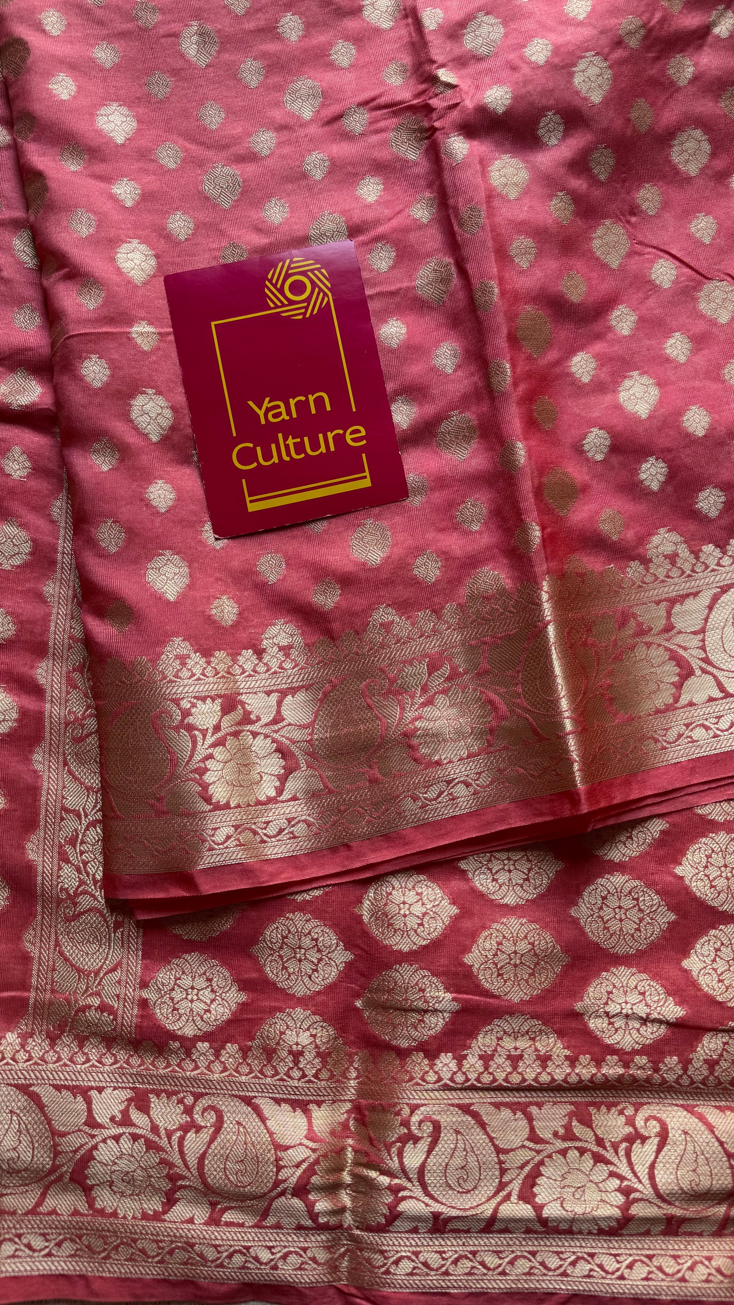 Peach pink, muted gold buttas and zari, Banarasi semi-silk - YCDESE41