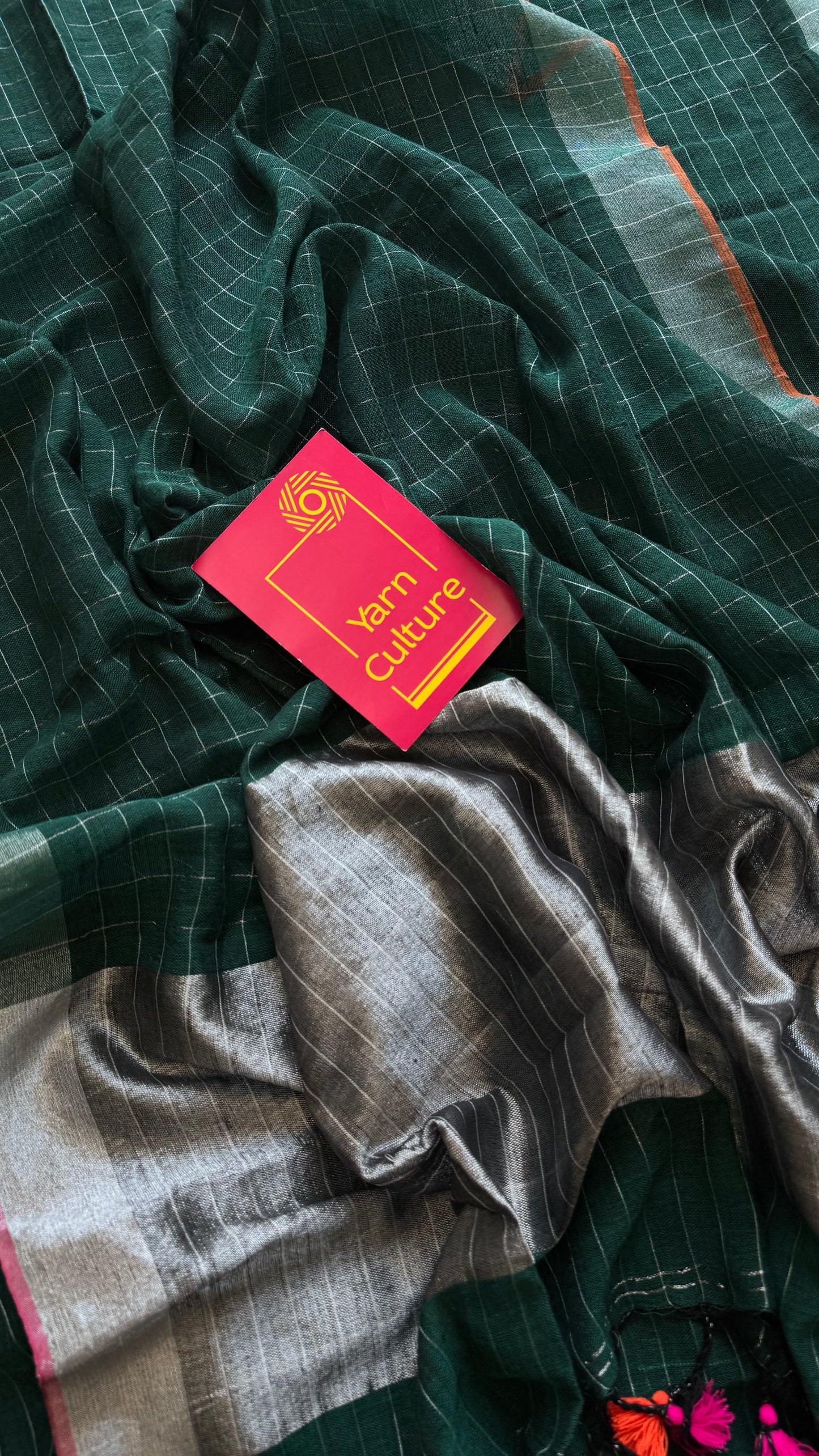 Green linen by cotton saree, silver checks & zari pallu - YCBCLCFE390