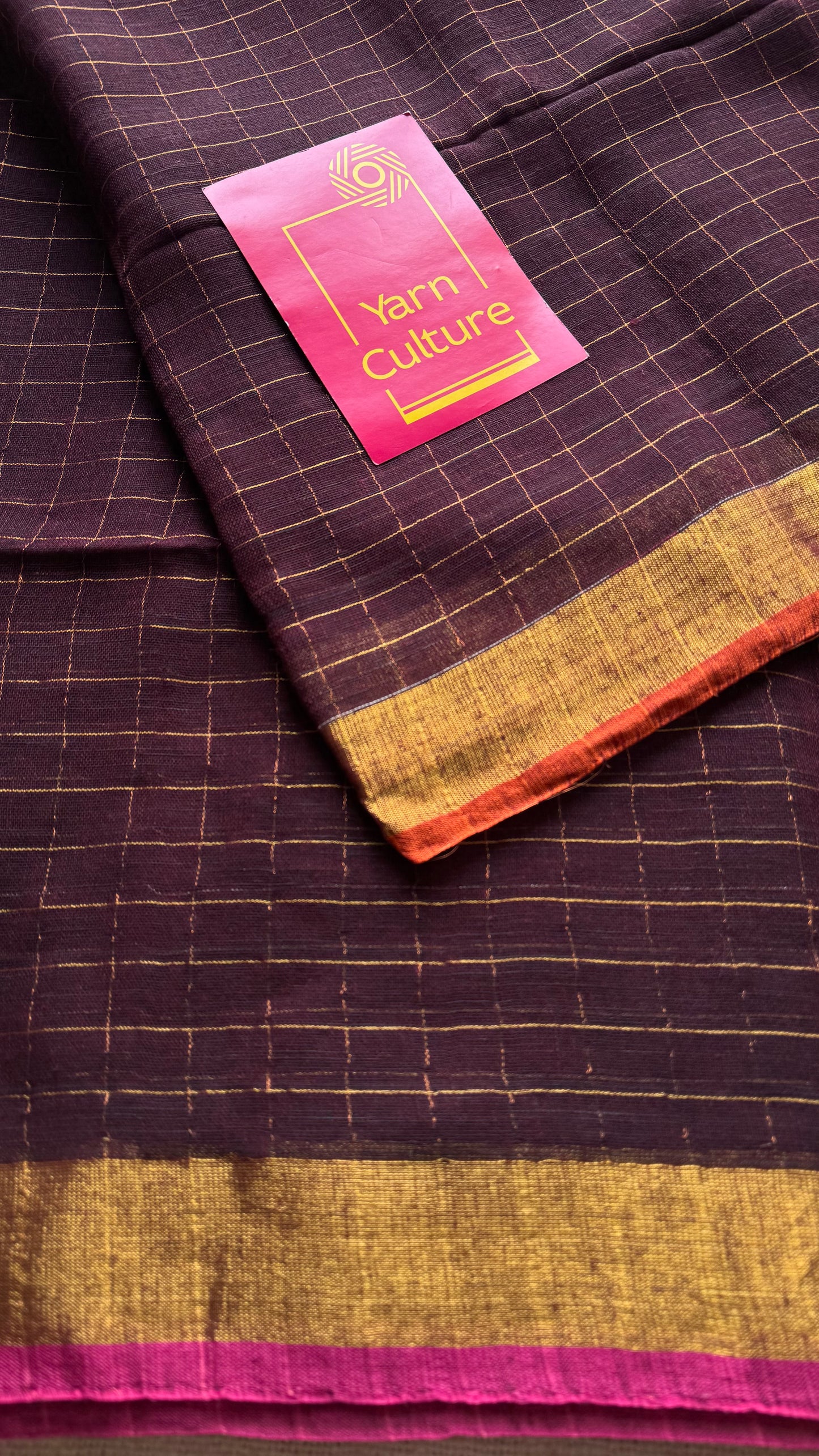 Brown linen by cotton saree, gold checks & copper zari pallu - YCBCLCFE394