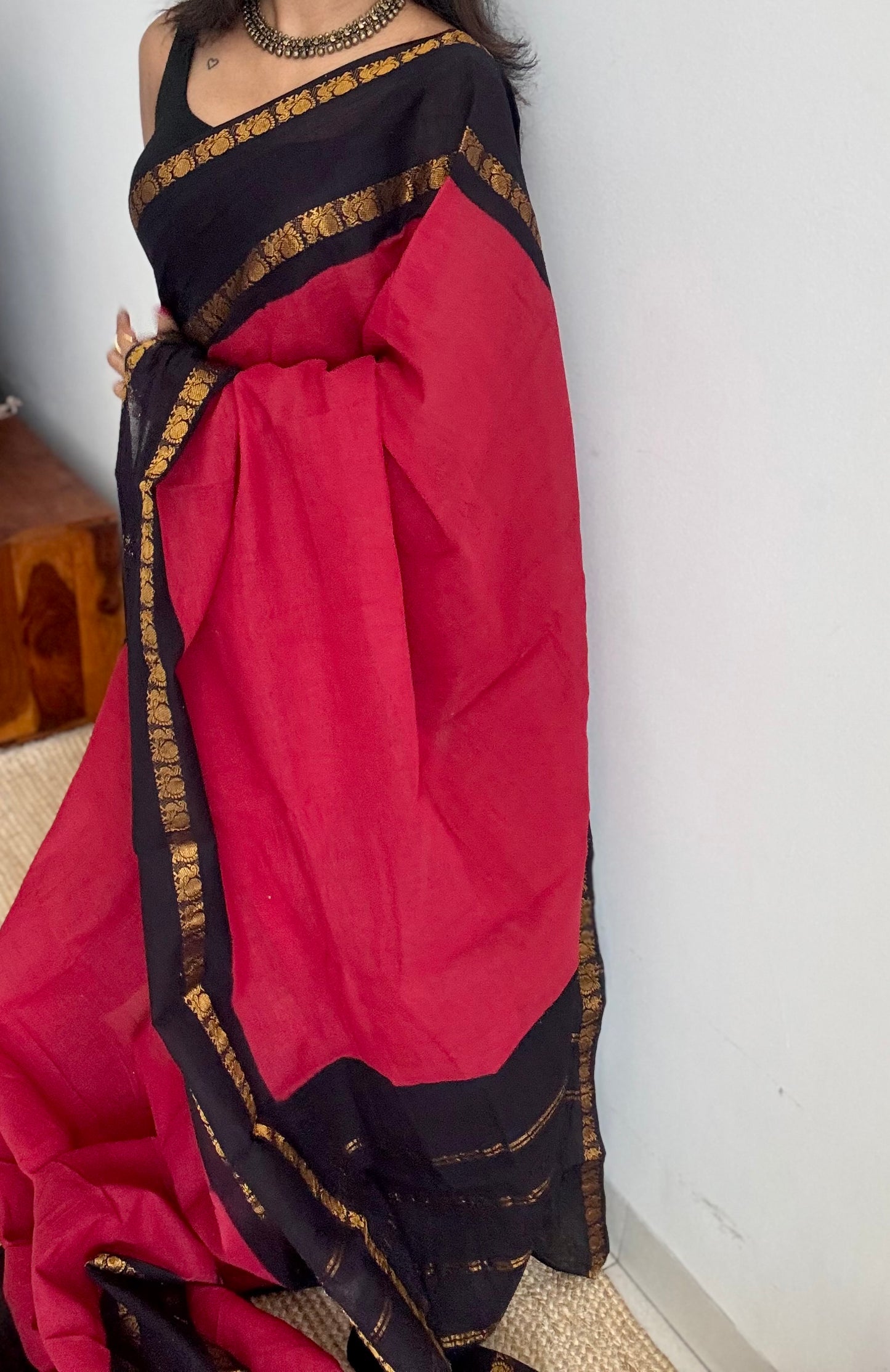 Carmine red and black, rettaipettu peacock double border, madurai soft cotton - YCCOTNAURS4