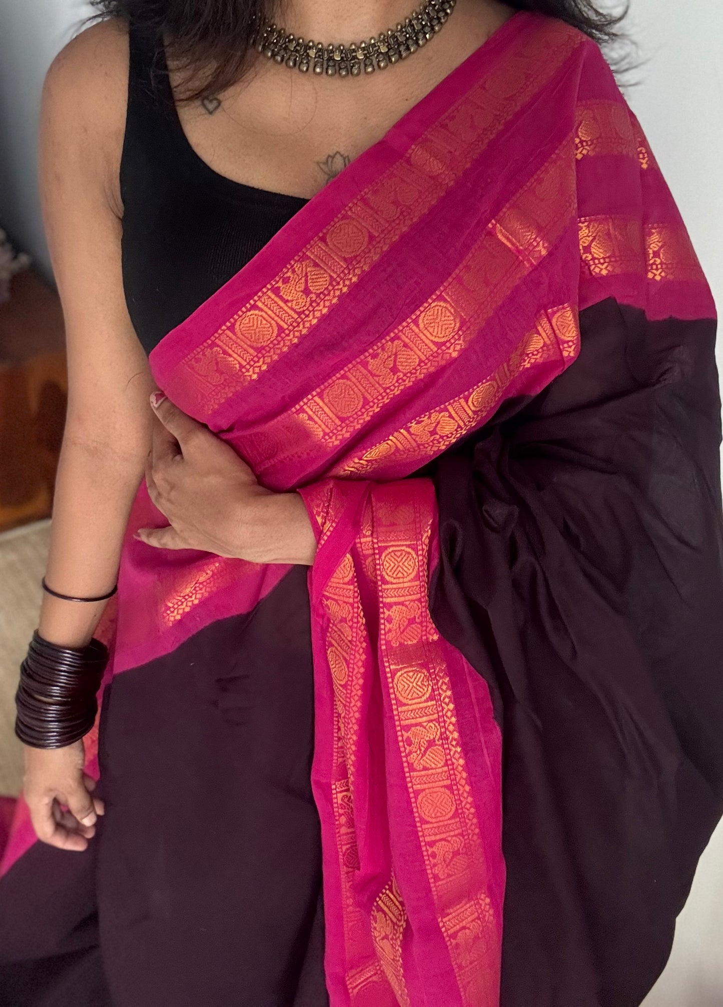 Wine with hot pink border, peacock and rudraksham motif, madurai soft cotton - YCCOTNJUSC03