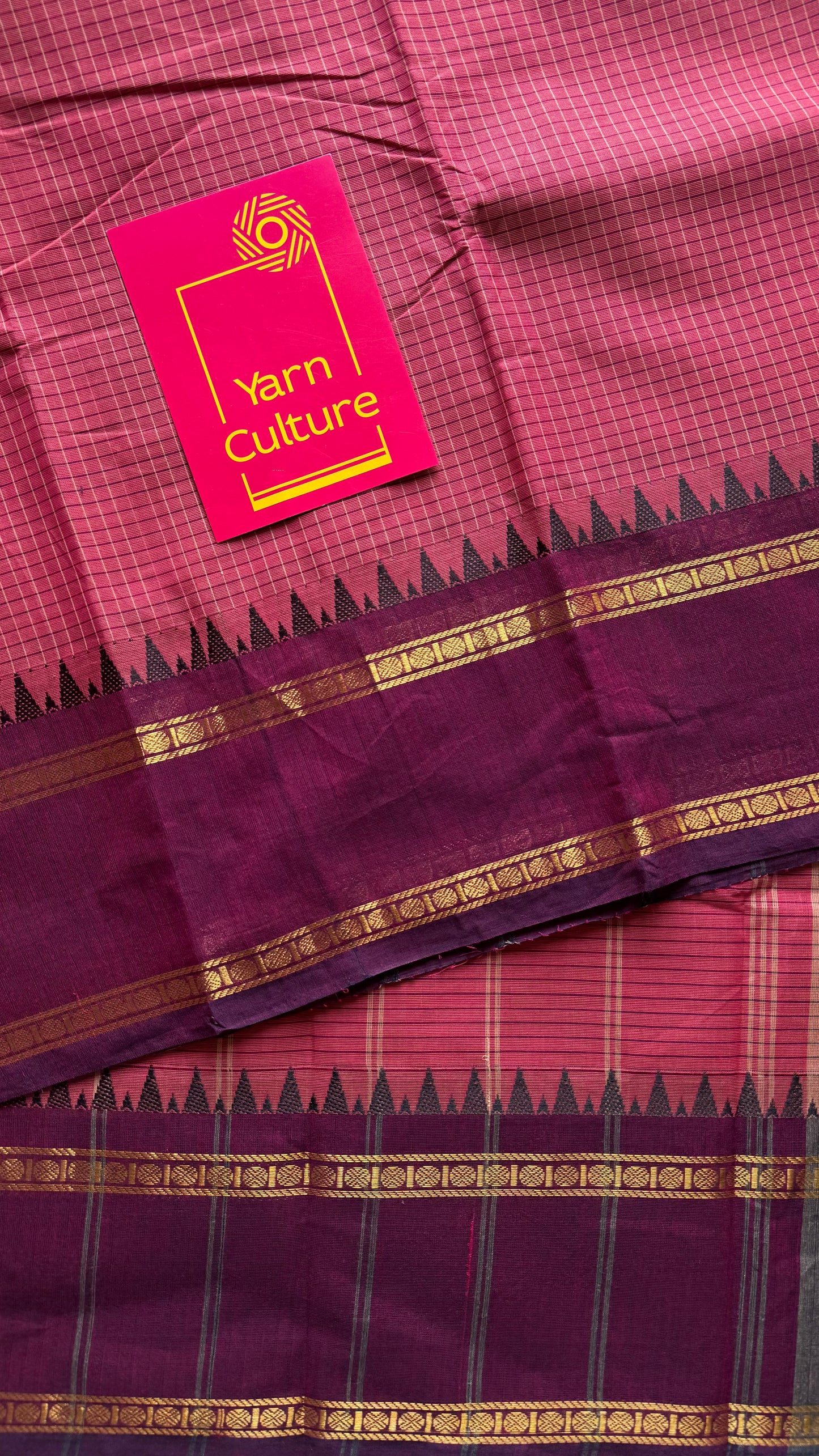 Dark pink with maroon border, temple motifs, checkered body, kanchi cotton - YCCOTNOCKC29