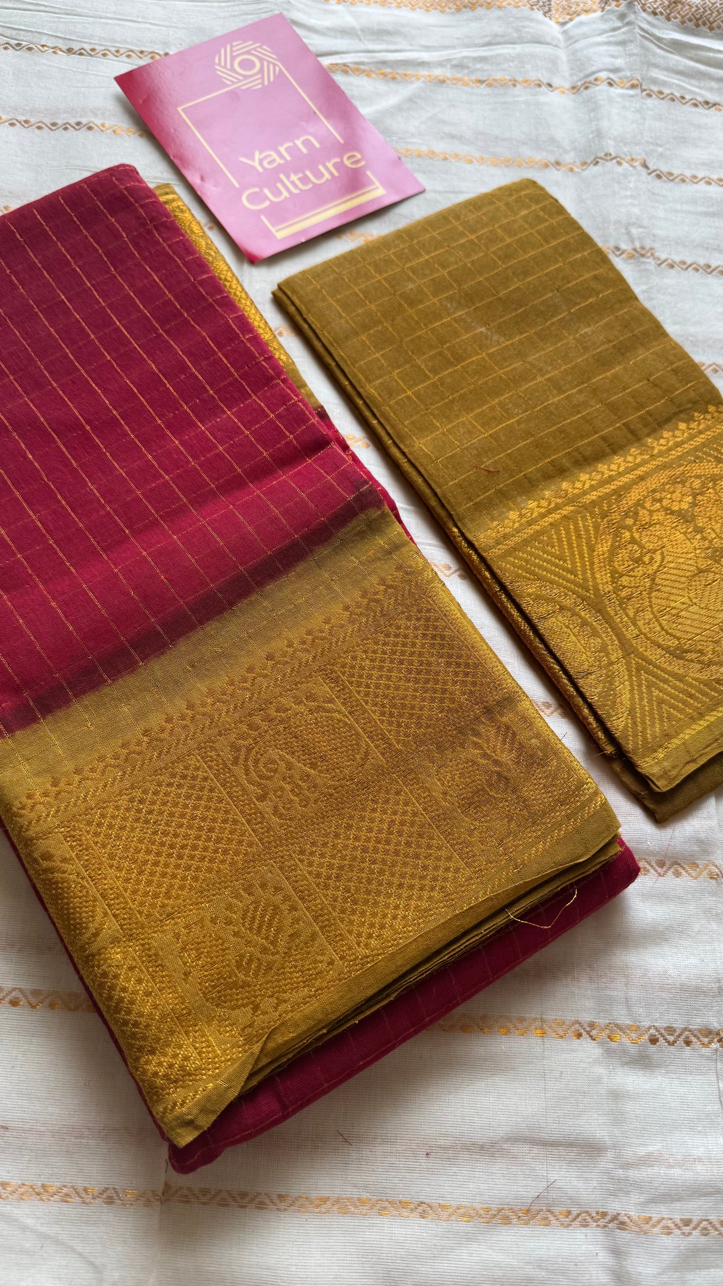 Red with light green contrast zari checkered sungudi, kattuchayam dyed madurai cotton - YCCOTNJU23