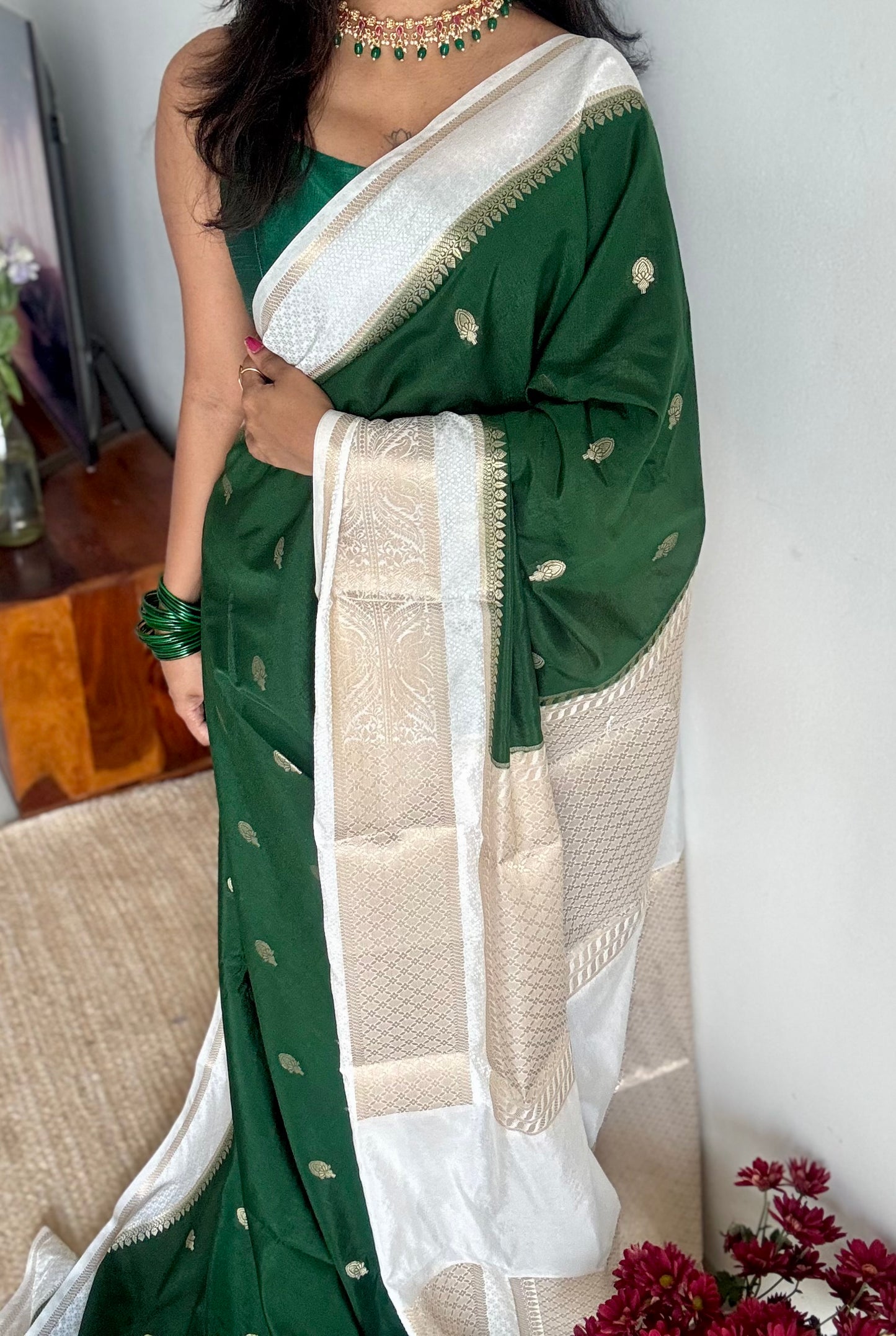 Dark green with cream border, Banarasi semi-silk - YCDESE01