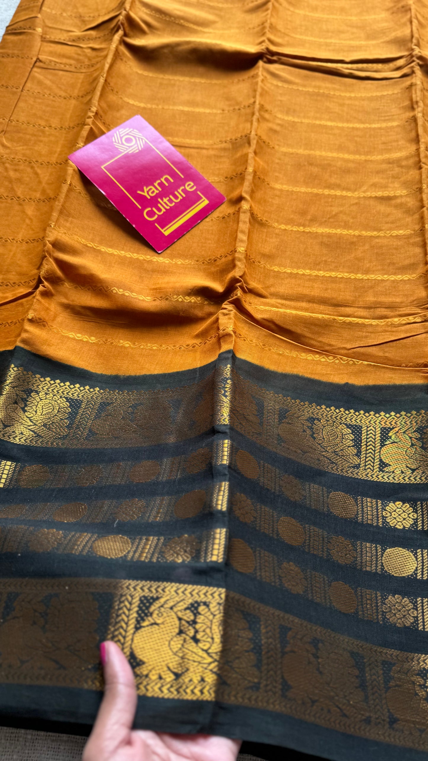 Turmeric yellow with black, peacock rudraksham motif, single side broad zari - madurai kattuchayam dyed - YCCOTNAUS27