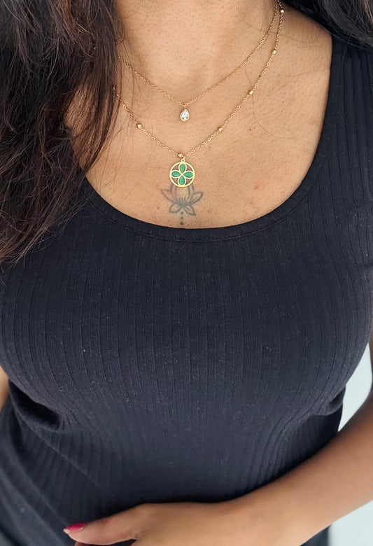 Gold plated double layered chain, green stone floral pendant - YCGPC395