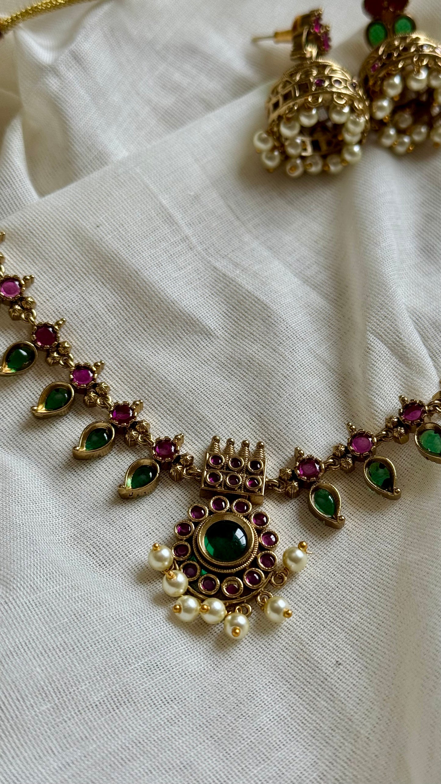 Green and dark pink palakka necklace with jhumka - YCAGC82
