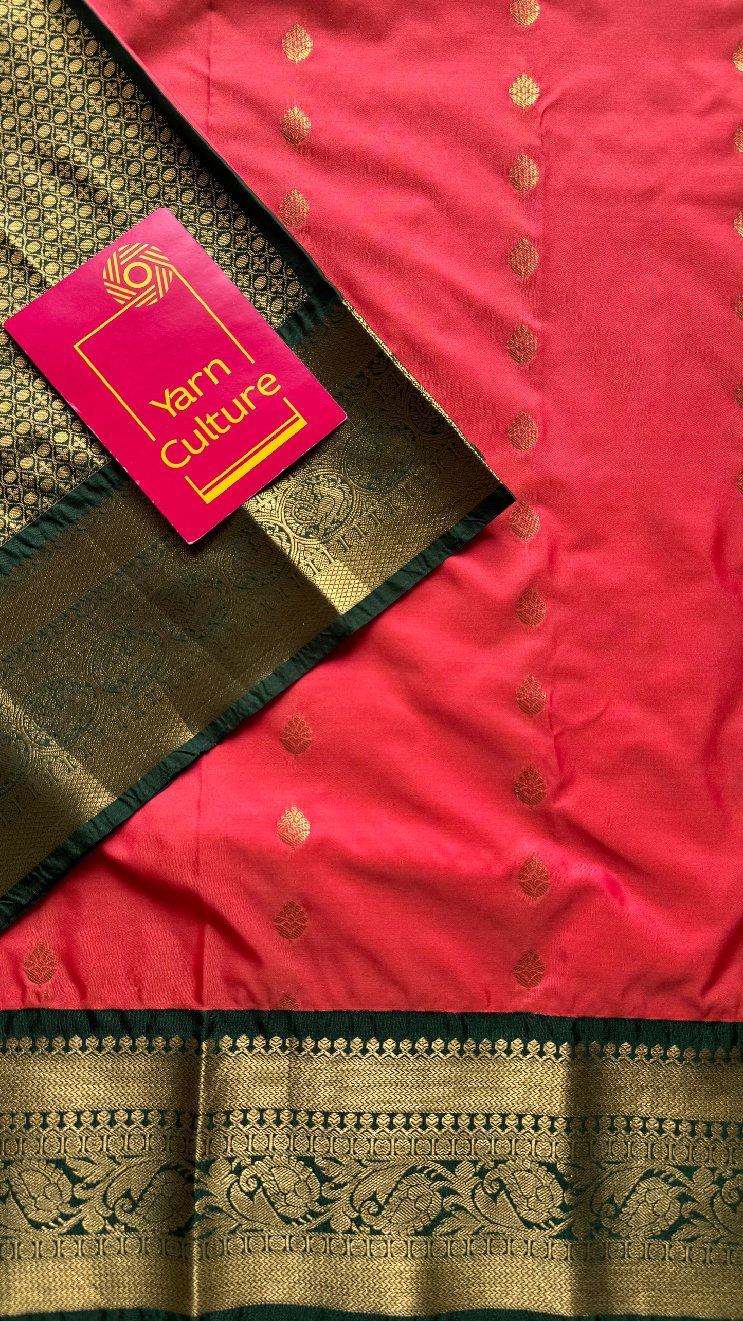 Kavini - peach with dark green, handloom korvai semi silk - YCCOTNFEJUKS01