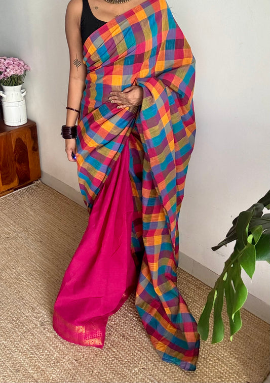 Hot pink with multicoloured madras checks, cotton half and half saree - YCCOTNIDOC163