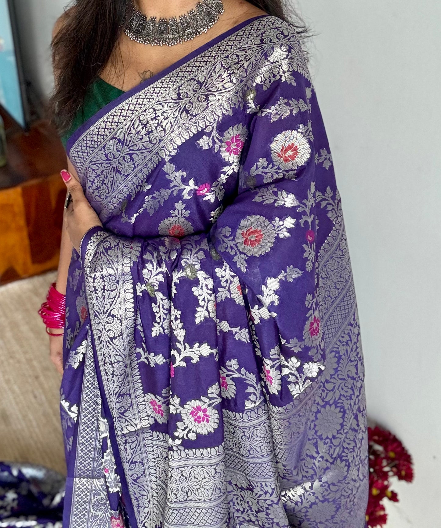 Dark blue meenakari floral pattern in silver zari, Banarasi katan dupion silk - YCDESE12