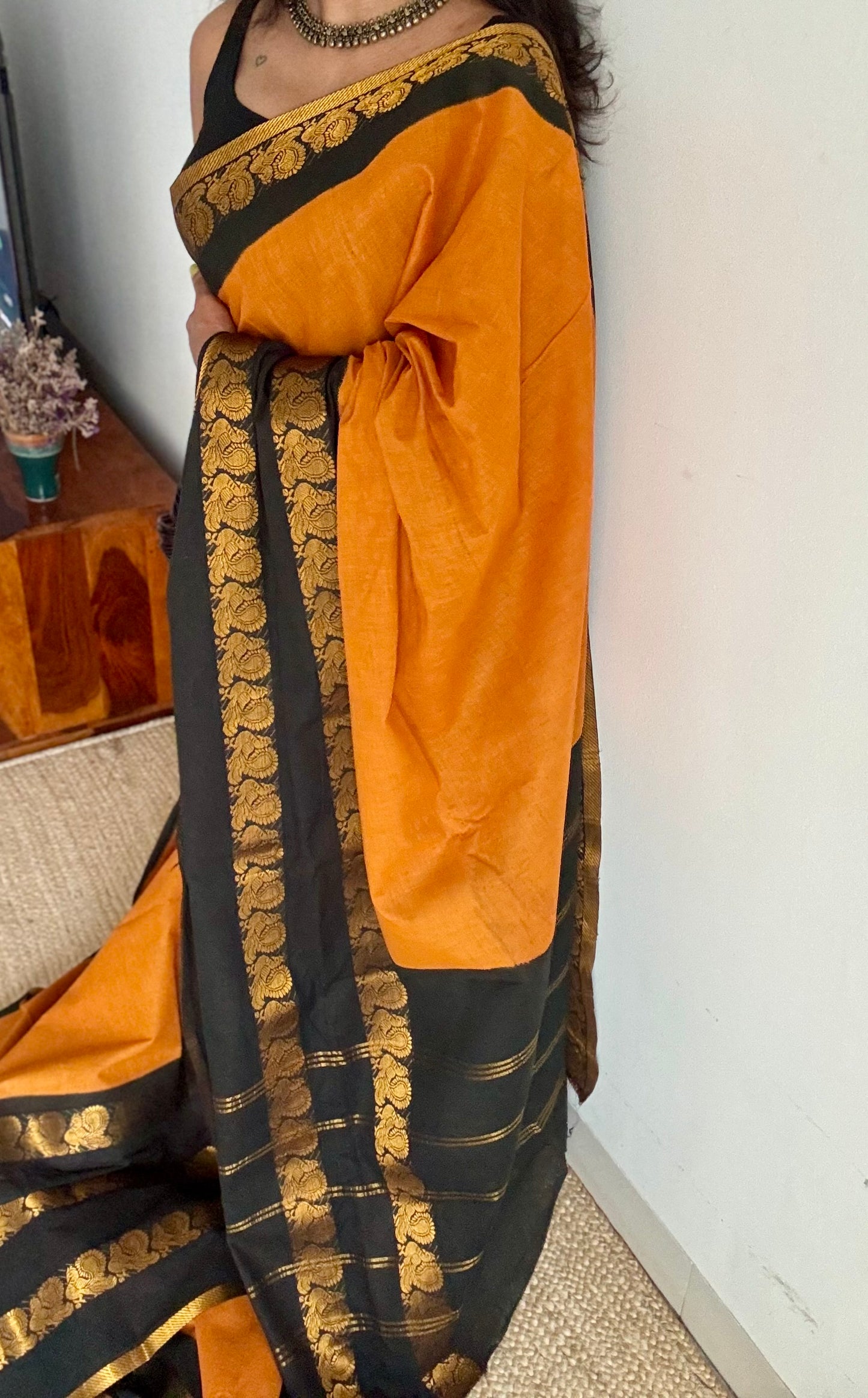 Dark turmeric and black sungudi with triple peacock motif rettai pettu wide border - YCCOTNSEMS46