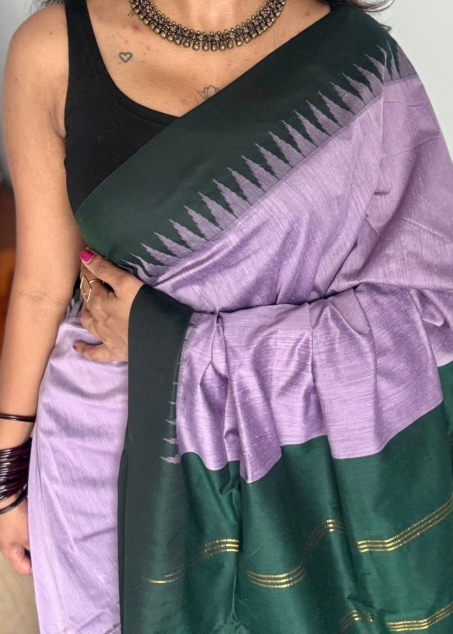 Lilac with dark green temple border - cotton silk - YCCOTNOCKCS7