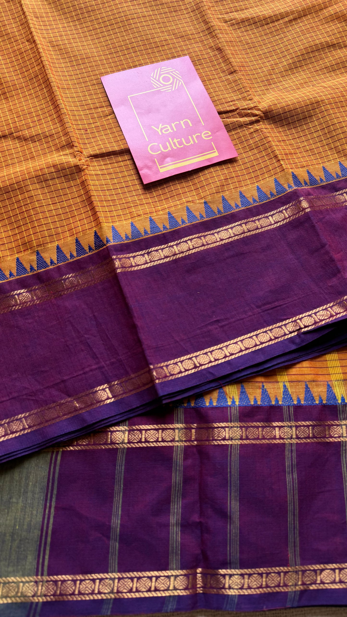 Orange with purple border, temple motifs, checkered body, kanchi cotton - YCCOTNOCKC26