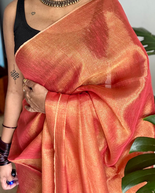 Orange with gold, dual tone metallic tissue linen saree - YCBCLTOC58