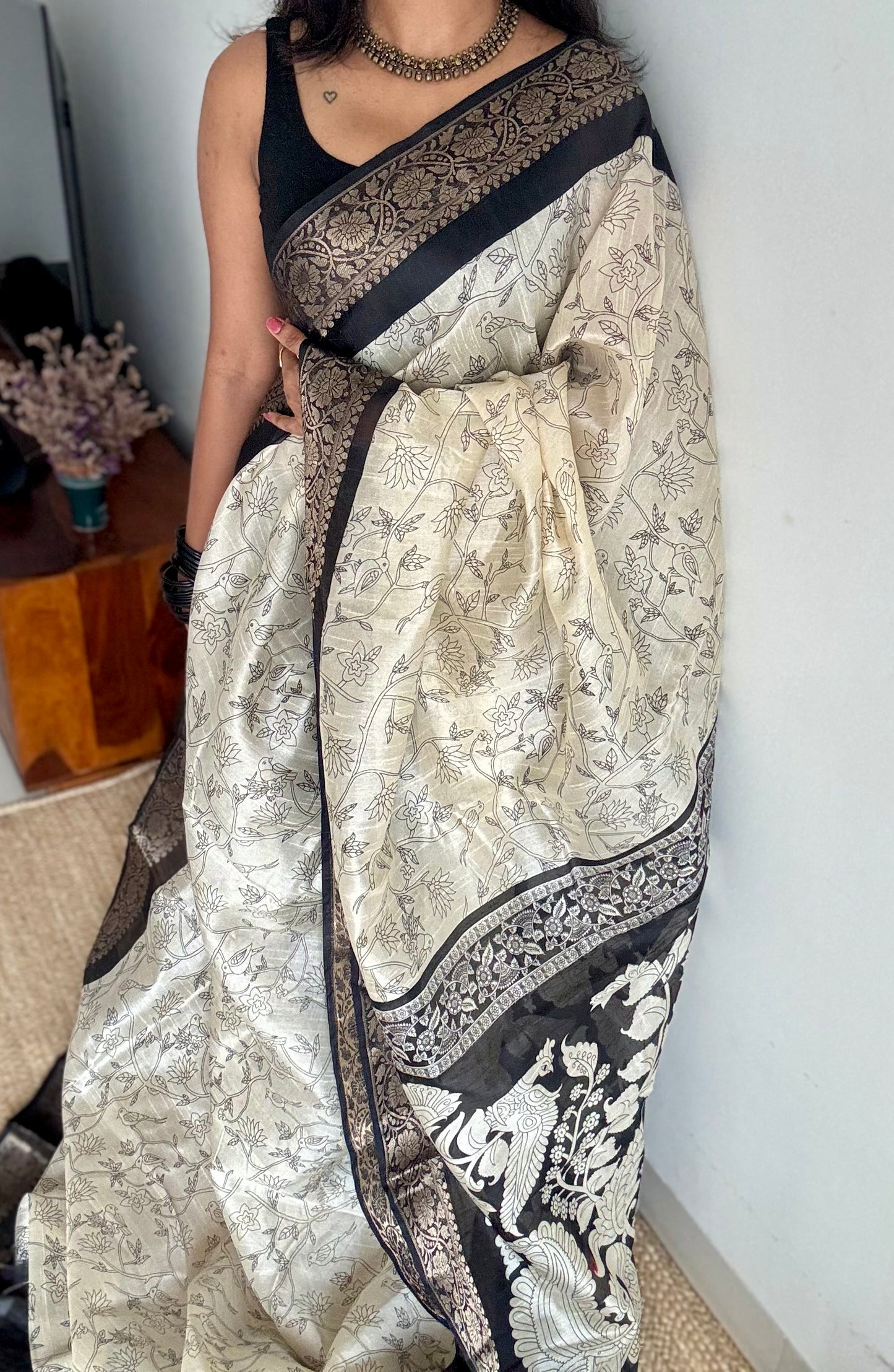 Off white and black, printed kalamkari, bird motif, semi-tussar - YCWOTDSTK06