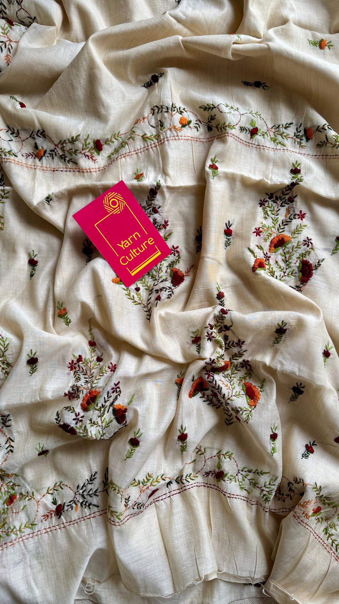 Ivory maheshwari cotton silk blend with deep maroon and orange floral kantha threadwork - YCBLJULMK04