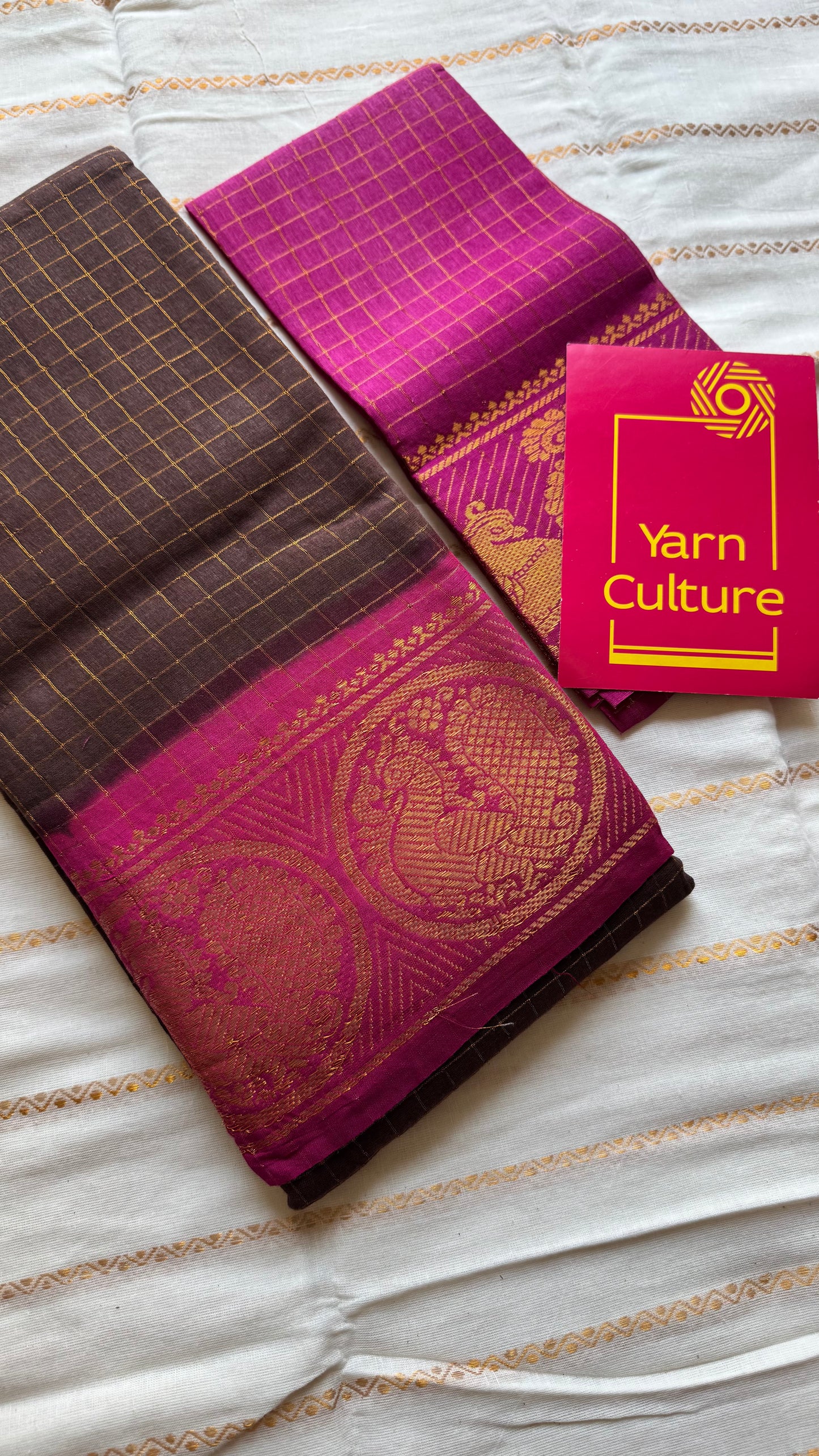 Brown with hot pink contrast zari checkered sungudi, kattuchayam dyed madurai cotton - YCCOTNMSAP170