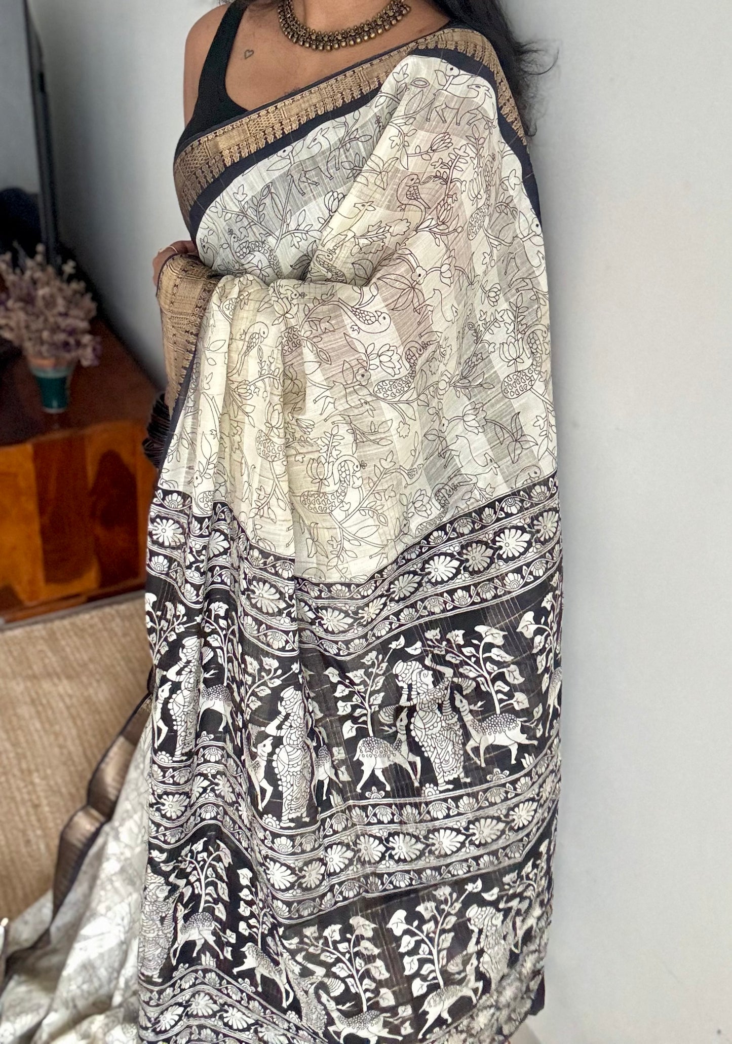 Off white and black, printed kalamkari, semi-tussar - YCWOTDSTK10