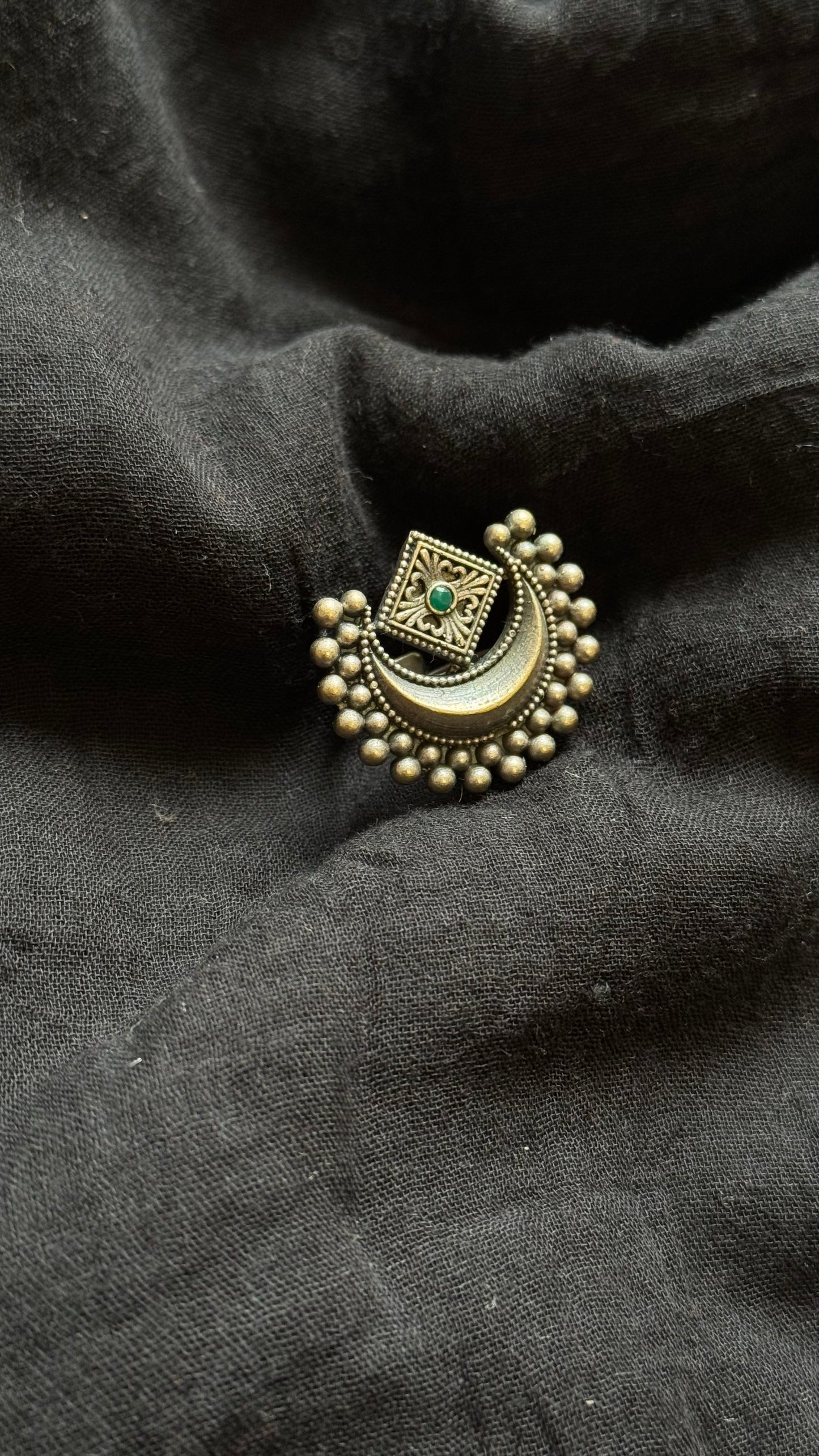 Adjustable ring, half moon ring, green stone - YCOSFR603