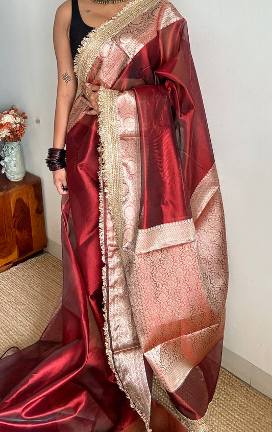 Red tissue Banarasi saree with embellished gold lace border - YCBLTOC79
