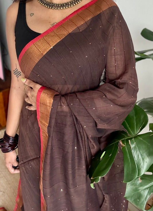 Brown mul cotton saree with sequins and zari border - YCBCMCSE33