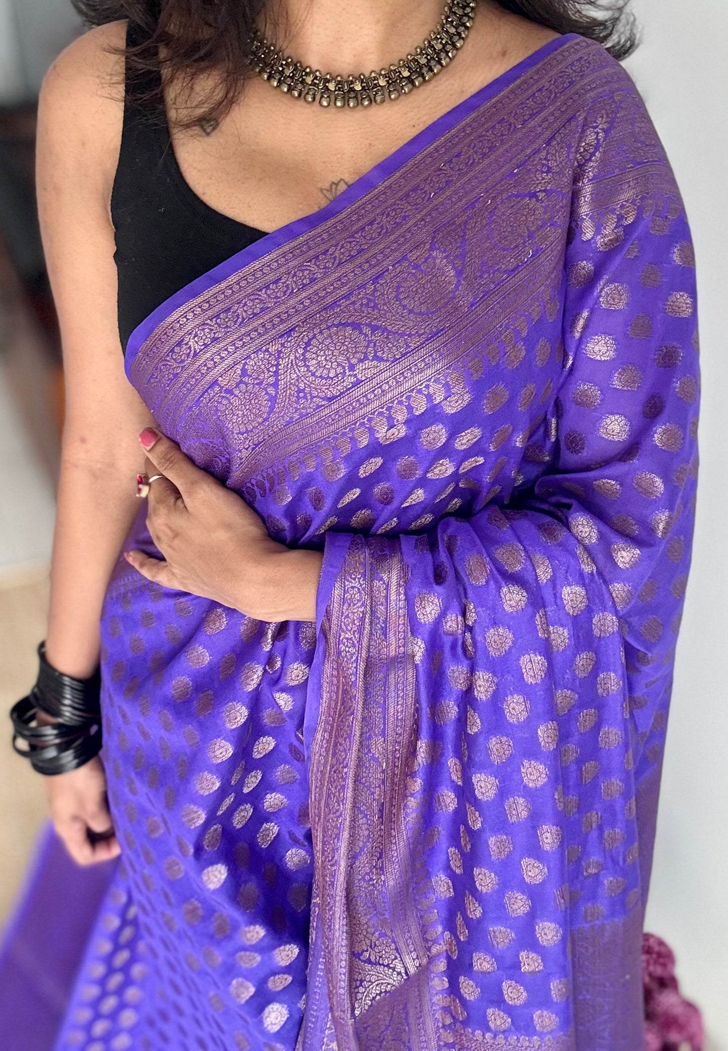 Wisteria - Dark lavender with a hint of blue, antique gold zari, Banarasi semi georgette - YCBLFEGAGZ20