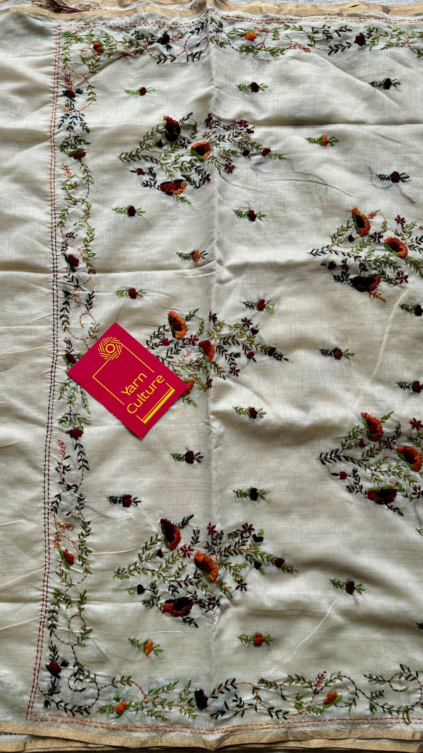 Ivory maheshwari cotton silk blend with deep maroon and orange floral kantha threadwork - YCBLJULMK04