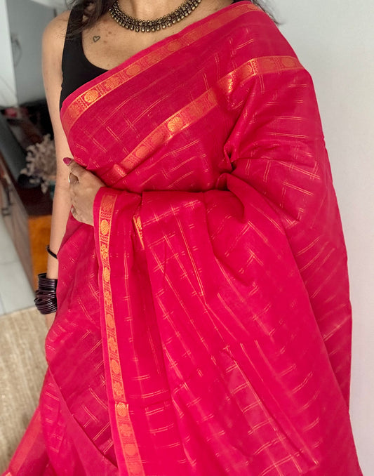 Pinkish red adayar gold zari kattam, sungudi cotton - YCCOTNOCSC45