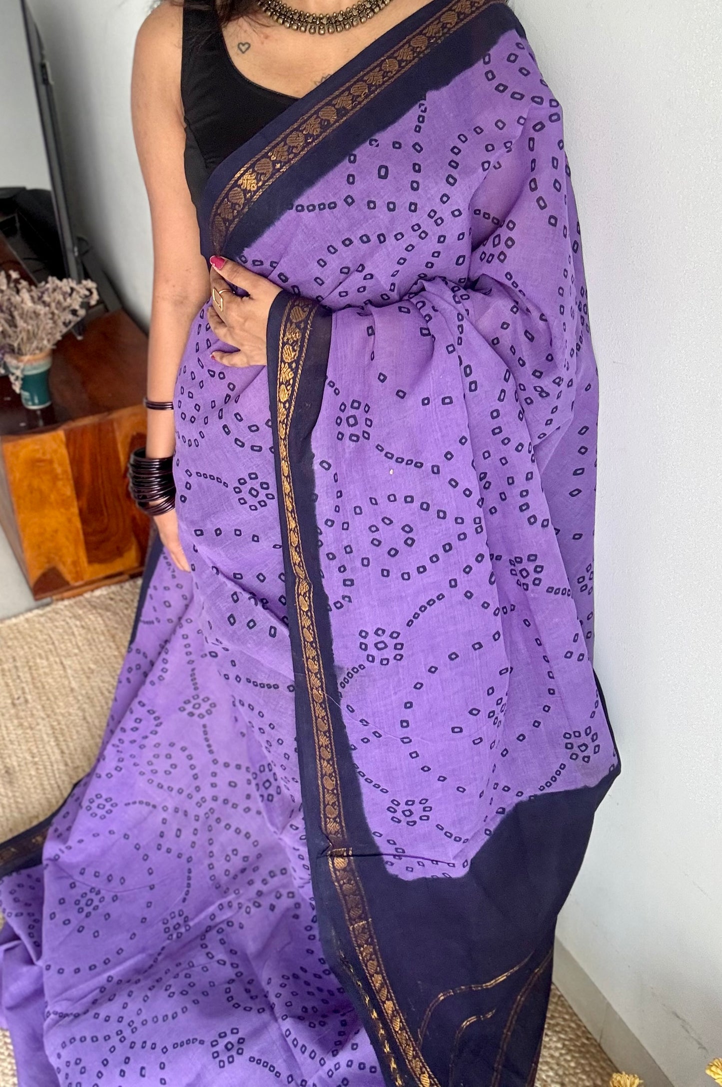Purple with dark blue, printed sungudi, madurai cotton - YCCOTNOCSC17