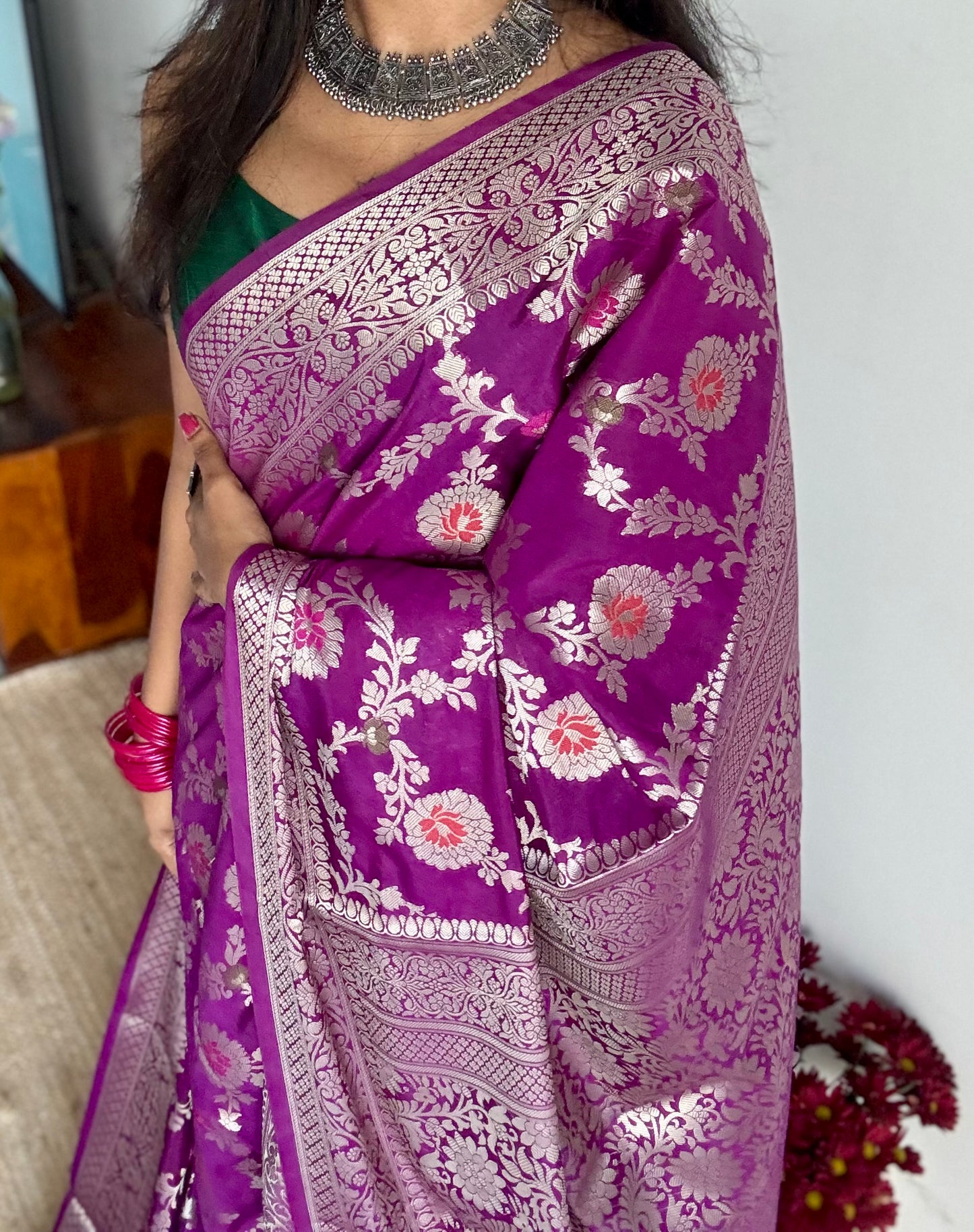 Bright purple meenakari floral pattern in silver zari, Banarasi katan dupion silk - YCDESE10