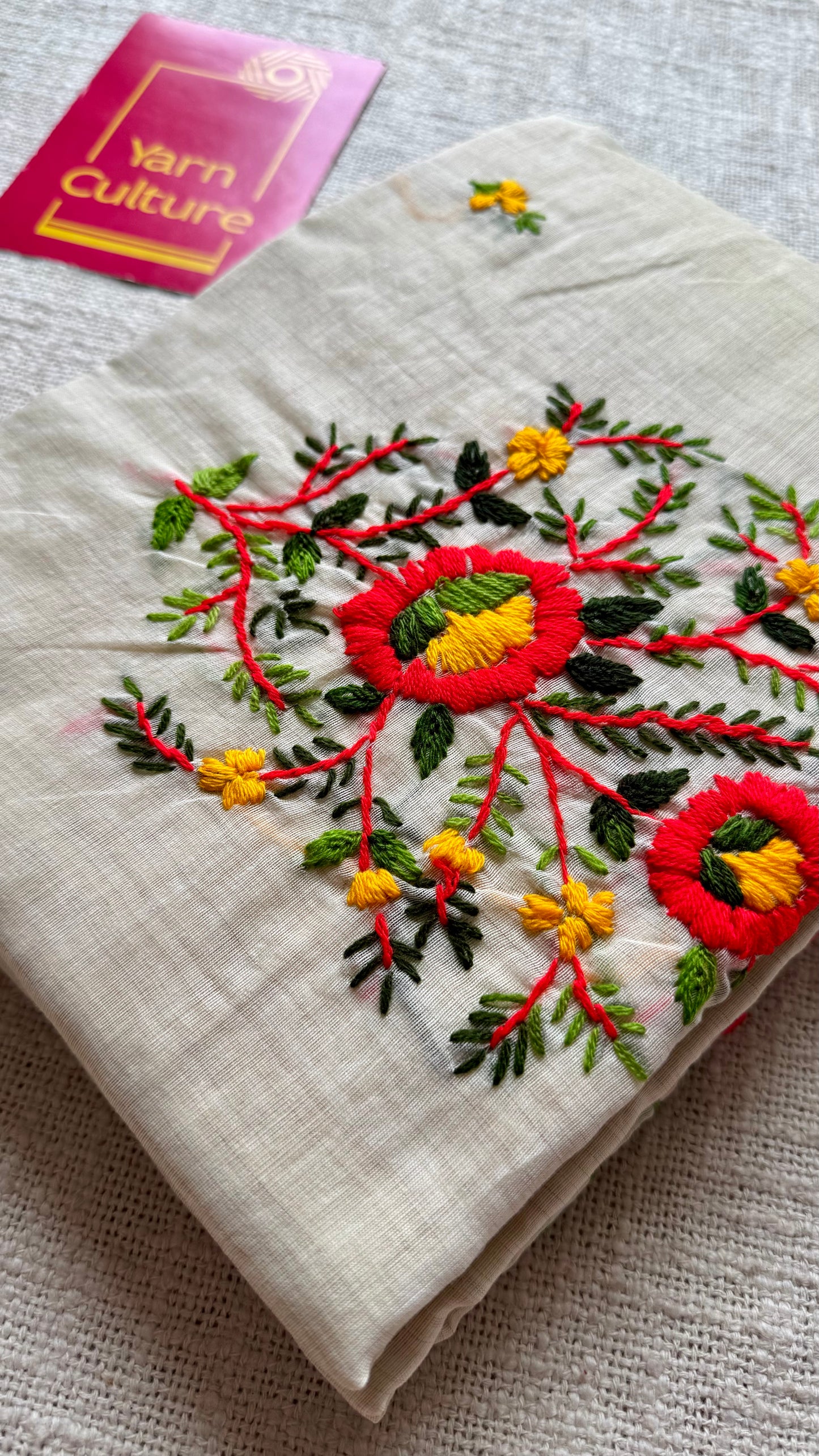 Ivory maheshwari cotton silk blend with bright red floral kantha threadwork - YCBLAUMK09
