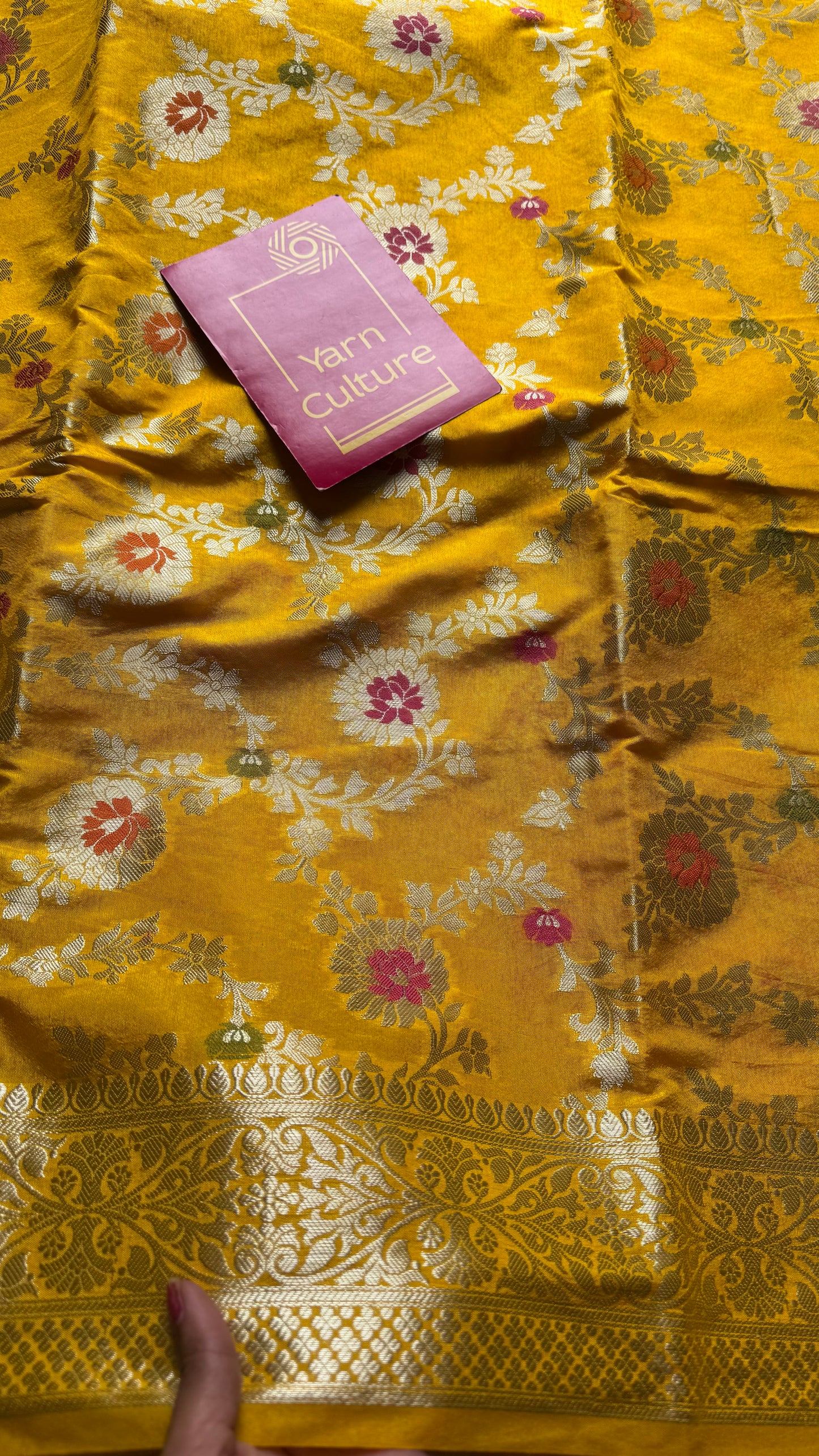 Yellow meenakari floral pattern in silver zari, Banarasi katan dupion silk - YCDESE11