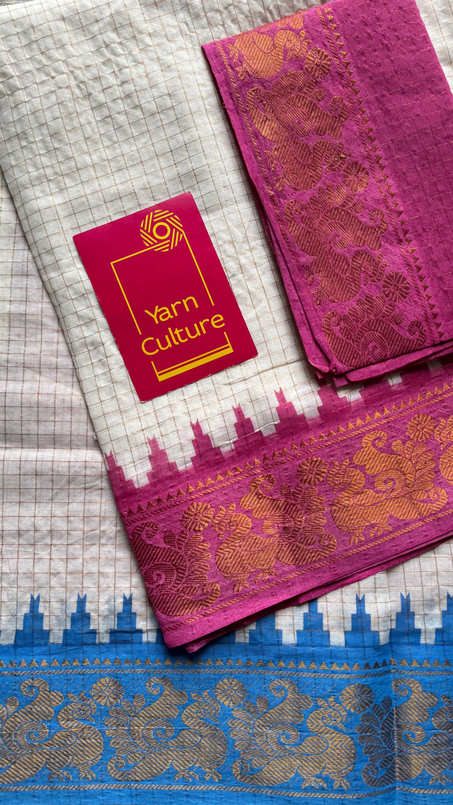 Sungudi cotton checks, ivory gold base, pink and blue dual tone border, soft cotton - YCCOTNAUS45