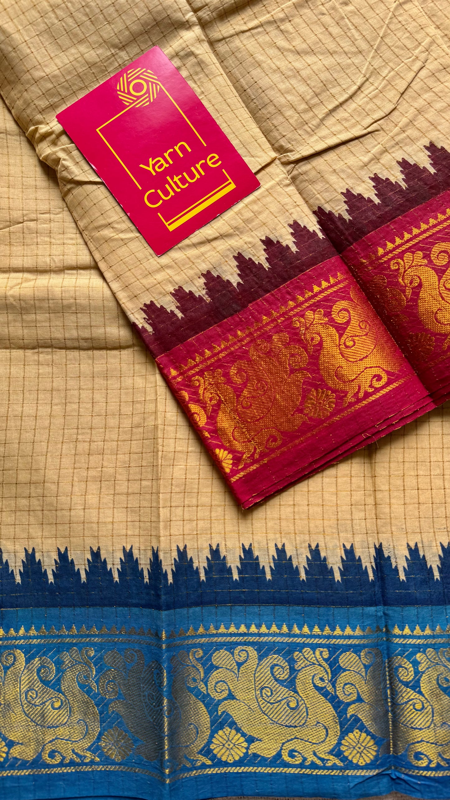Blue - red sungudi cotton checks, sandal colour base, soft cotton - YCCOTNJSUN01