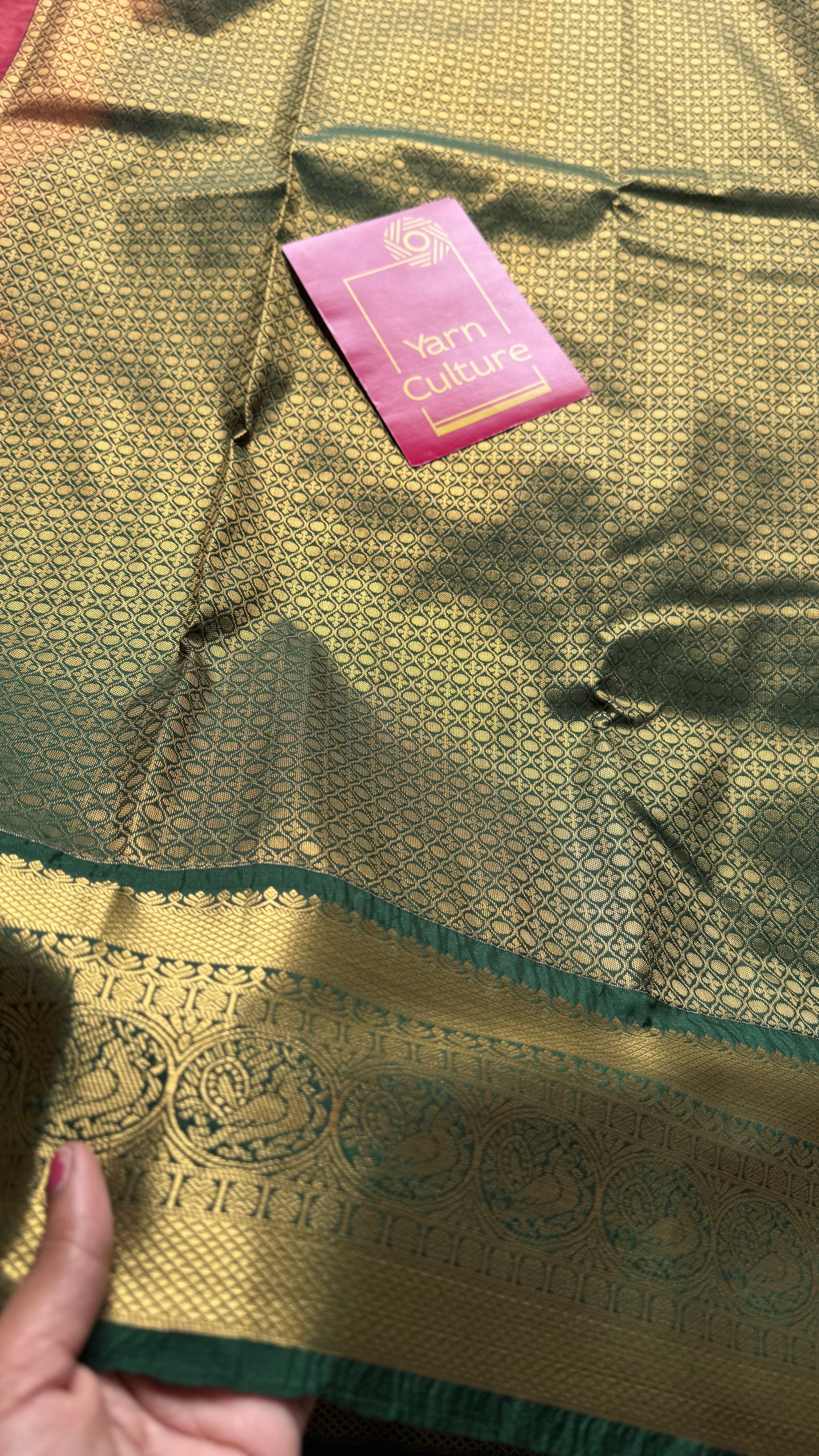 Kavini - peach with dark green, handloom korvai semi silk - YCCOTNFEJUKS01