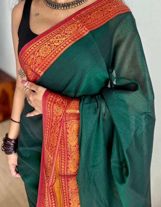 Green with red wide border, narayanpet soft cotton saree - YCWOTDAUG01