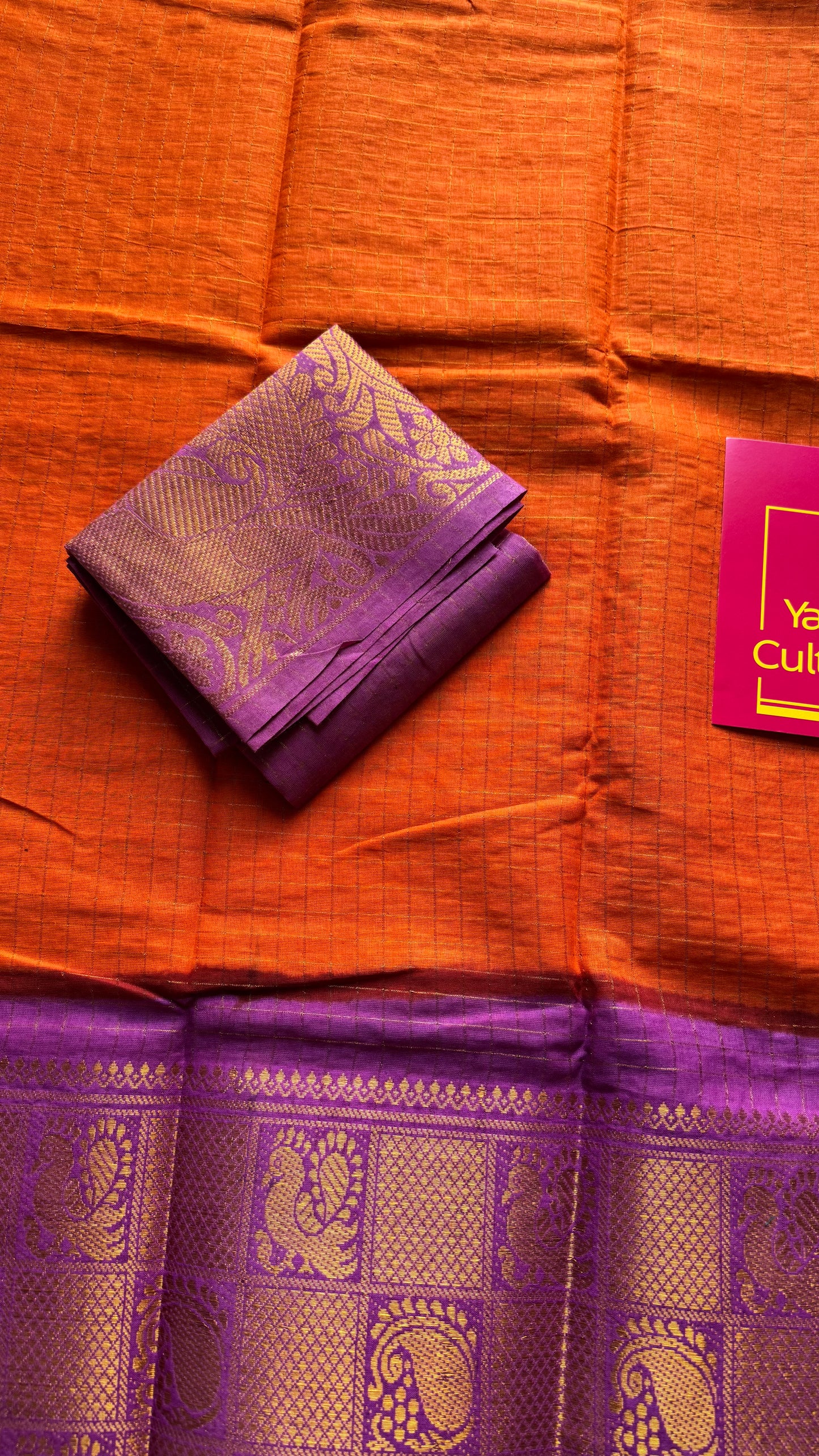 Orange checks with purple pink mayuri checkered zari border, madurai cotton - YCCOTNOCSC02