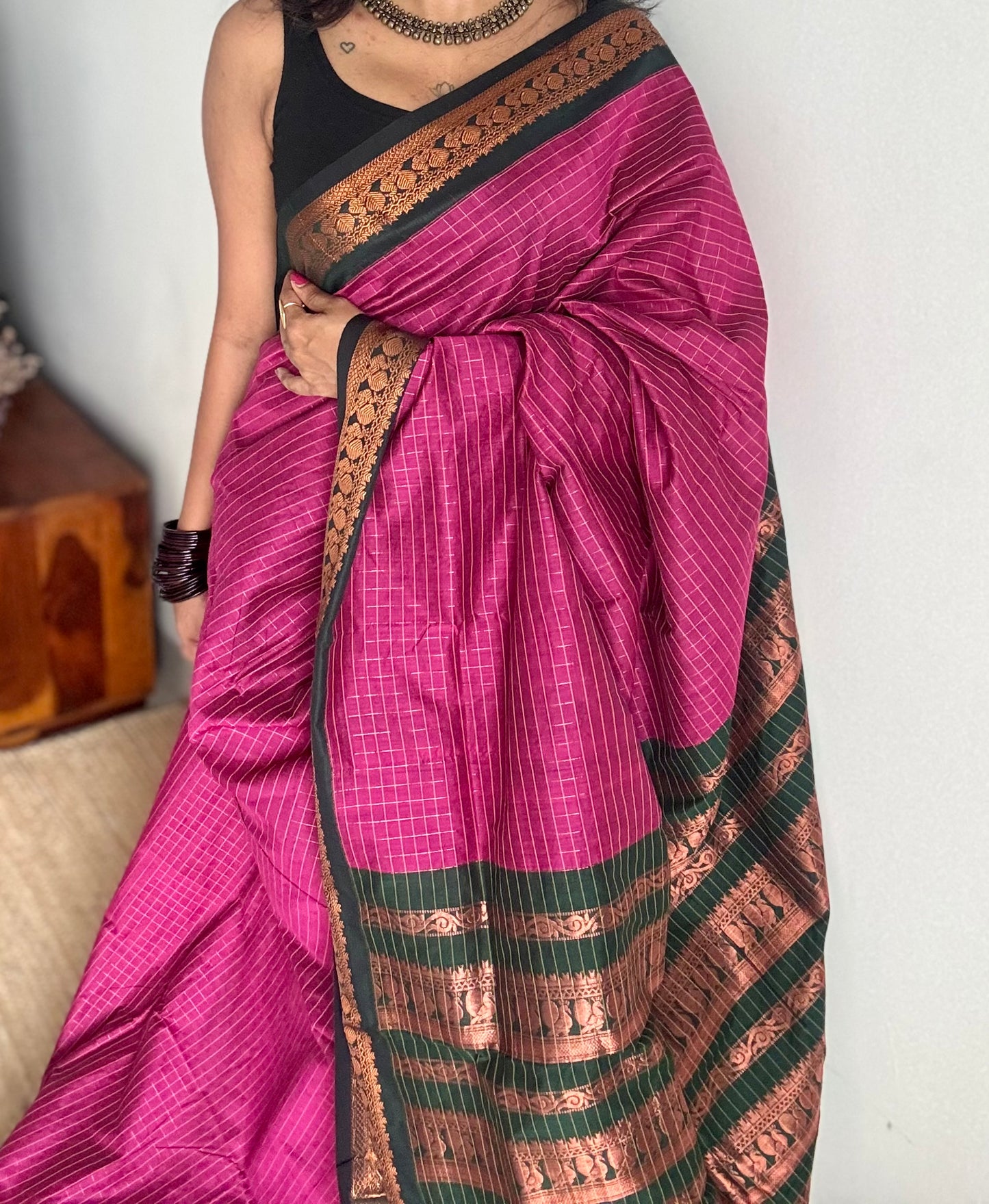Dark pink with dark green, checks - cotton silk - YCCOTNOCKCS9