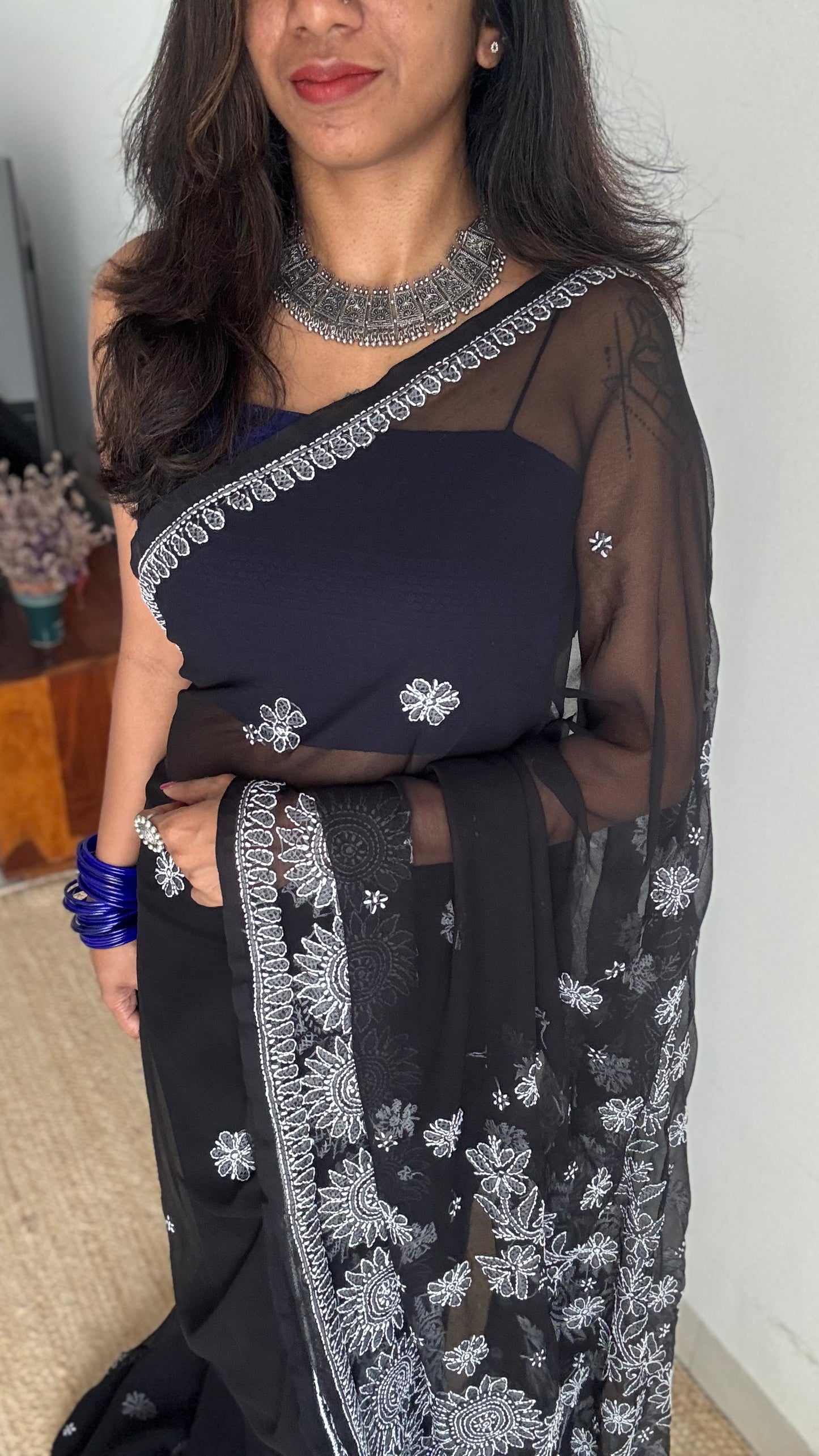 Tariq-e-Noor (path of light) - Black Chikankari, georgette YCSLCJULCK03