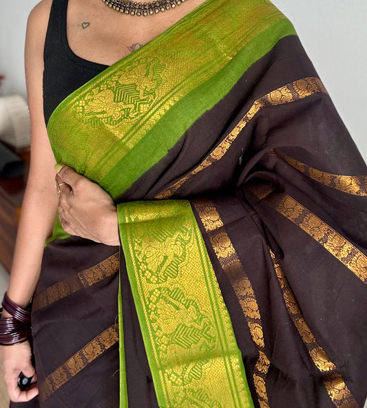 Black with green, multi peacock motif lines, kattuchayam dyed sungudi cotton - YCCOTNJUCC14