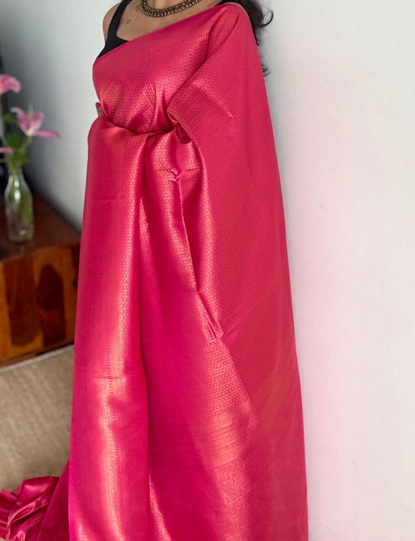 Rani pink, antique gold zari, semi-silk - YCDOSOCSS07