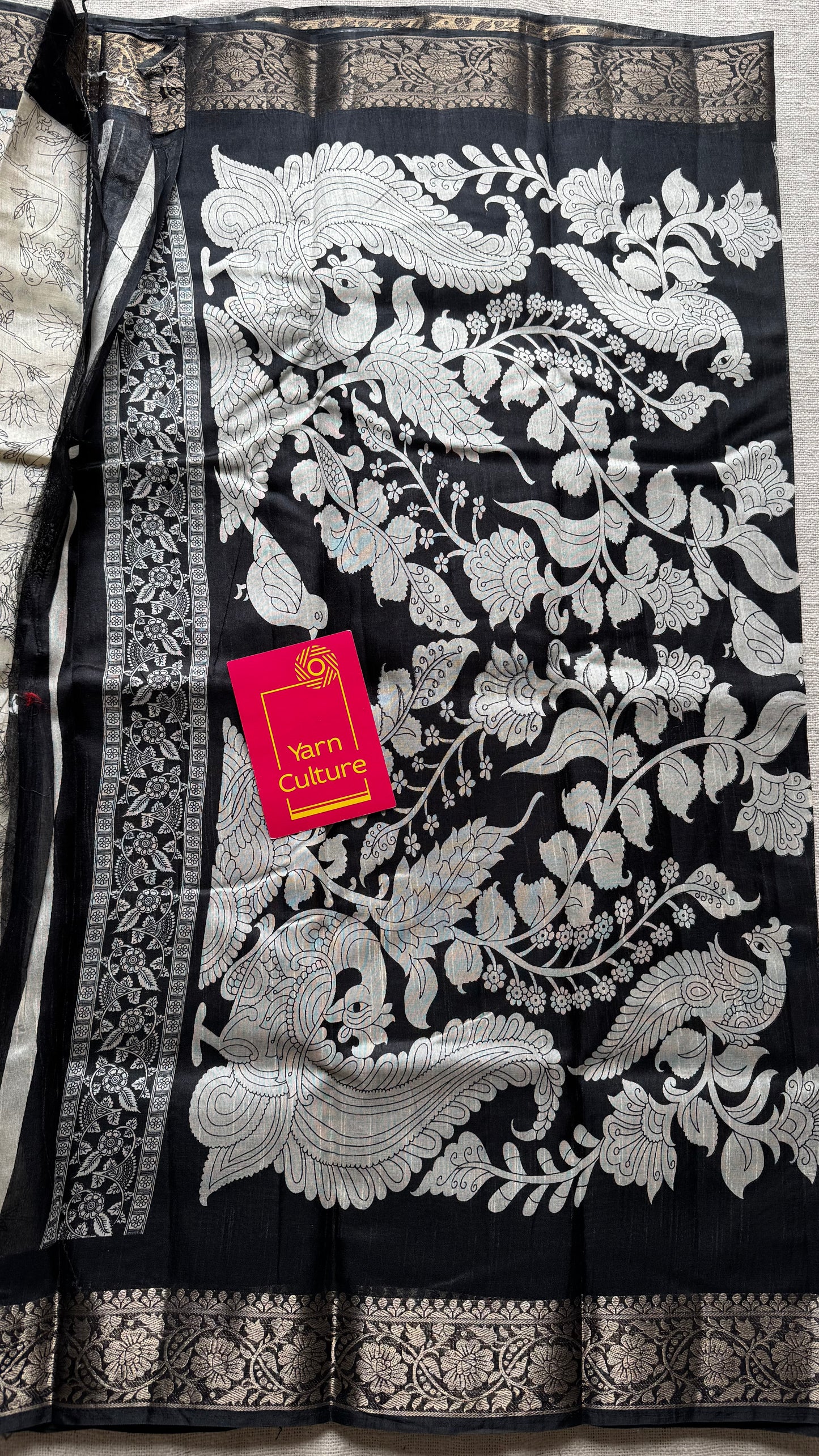 Off white and black, printed kalamkari, bird motif, semi-tussar - YCWOTDSTK06