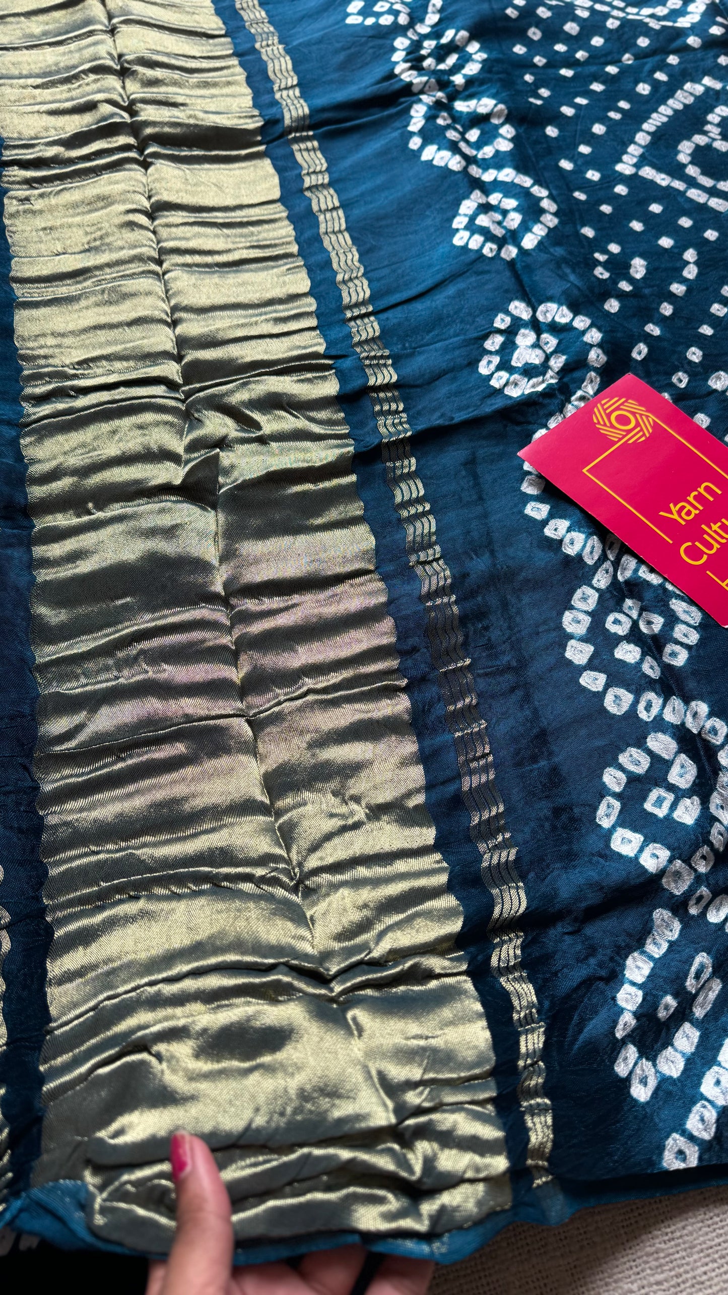 Peacock blue, crushed bandhani modal silk with lagdi patta (zari pallu) - YCDESE26