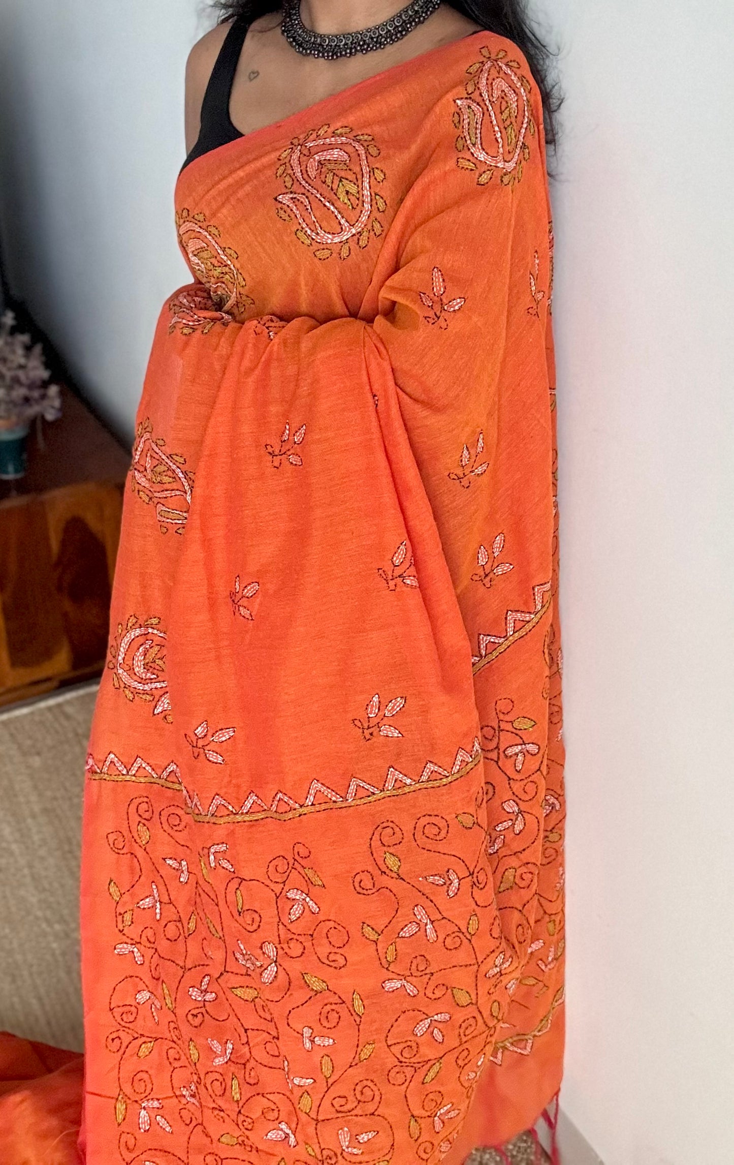 Shondhya Alo (সন্ধ্যা আলো) - Evening Light, orange kantha weave in soft khadi cotton - YCBCSEKC07