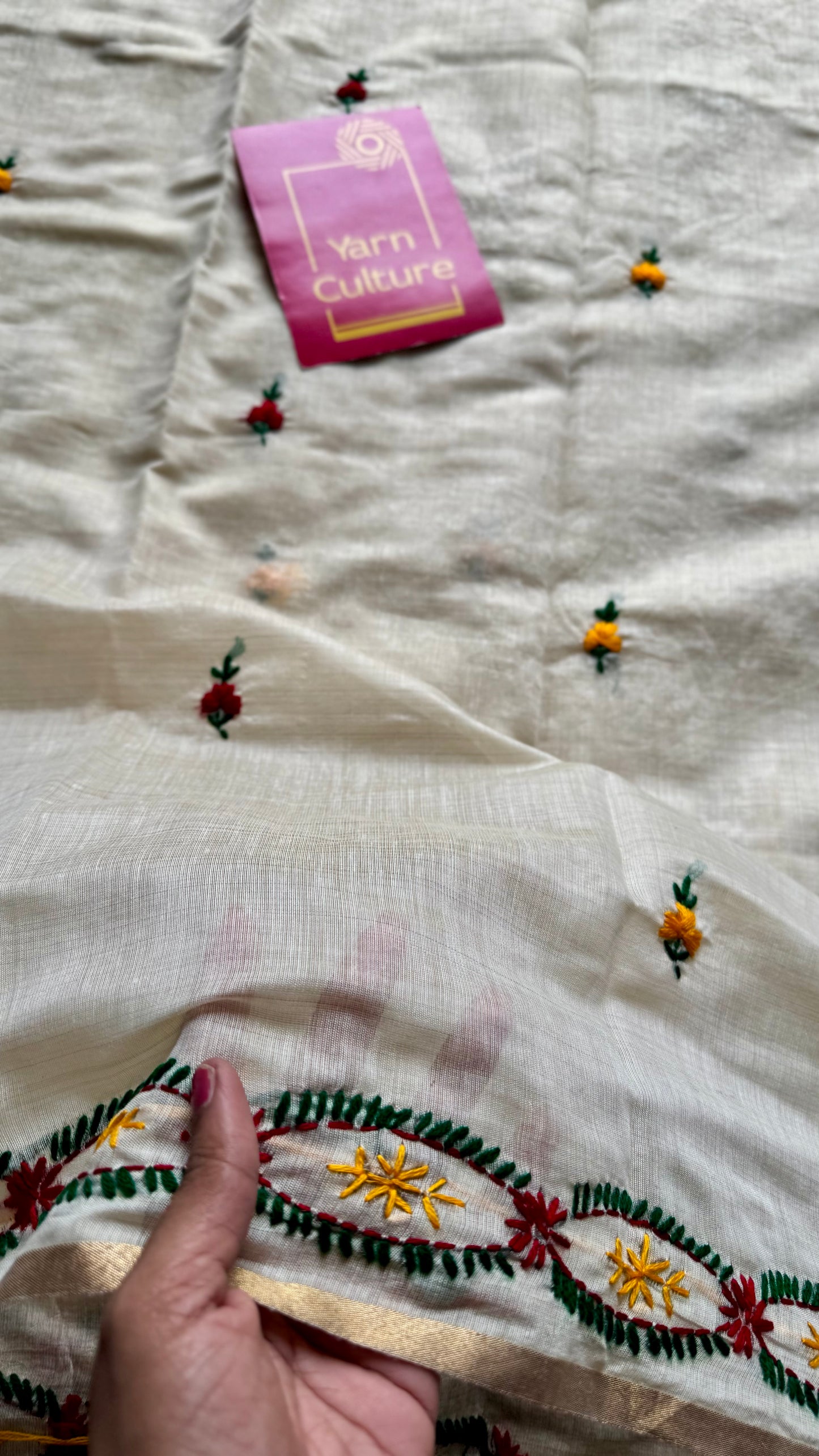 Ivory maheshwari cotton silk blend with red and yellow floral kantha threadwork - YCBLAUMK12