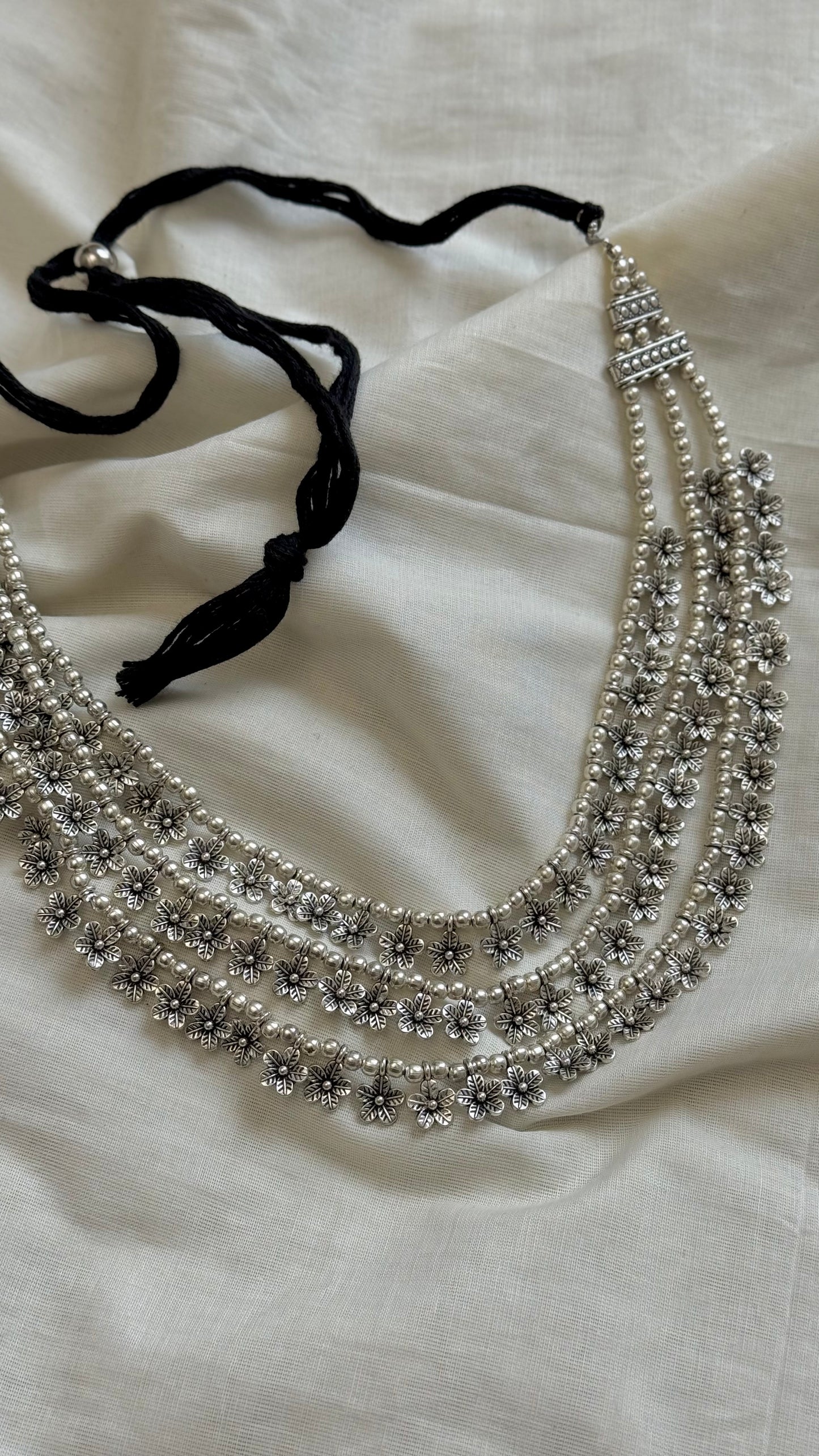 Three layered floral neckpiece, oxidised silver - YCOSNP309